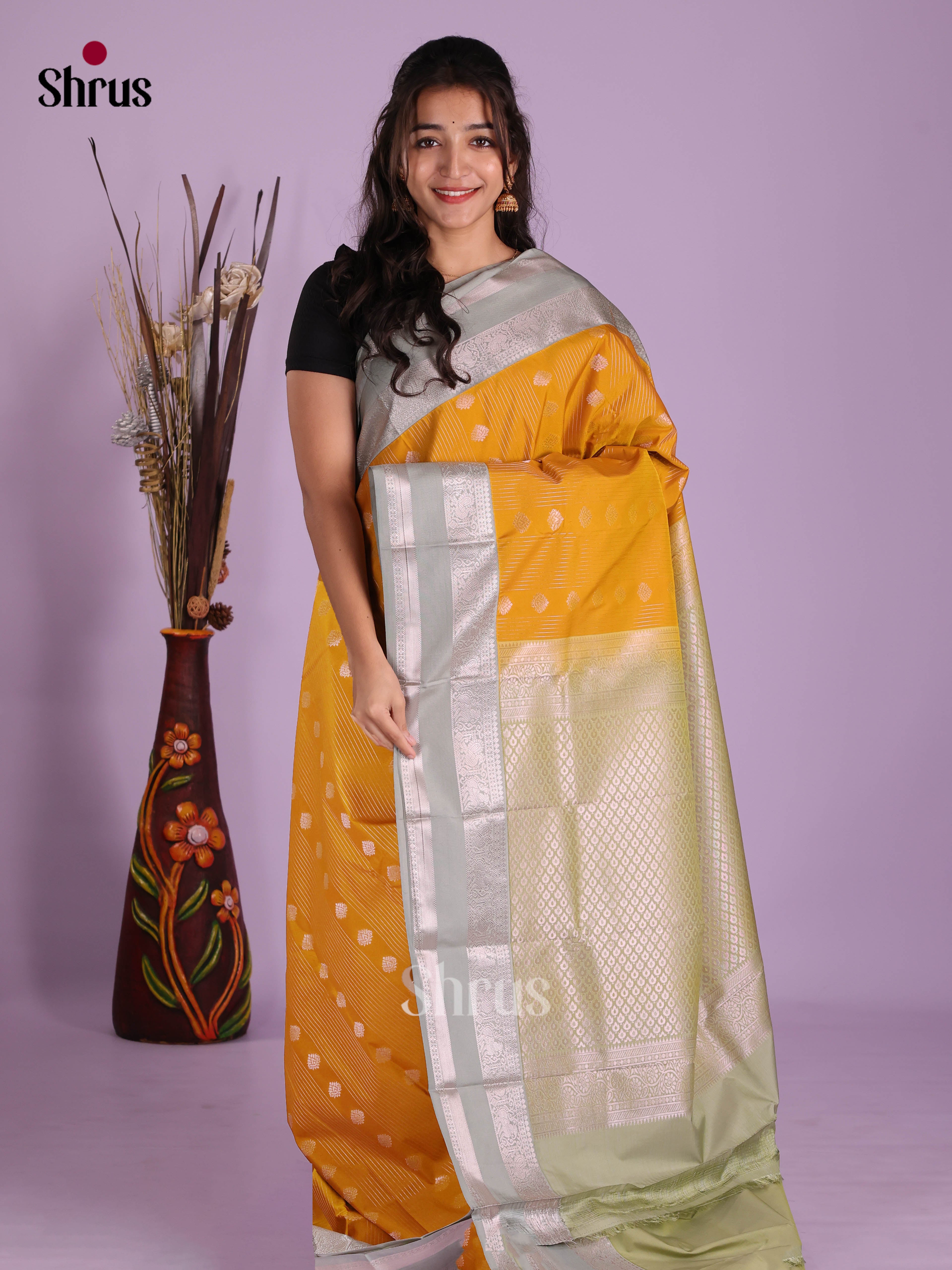 Mango Yellow & Elachi Green - Semi Kanchipuram Saree
