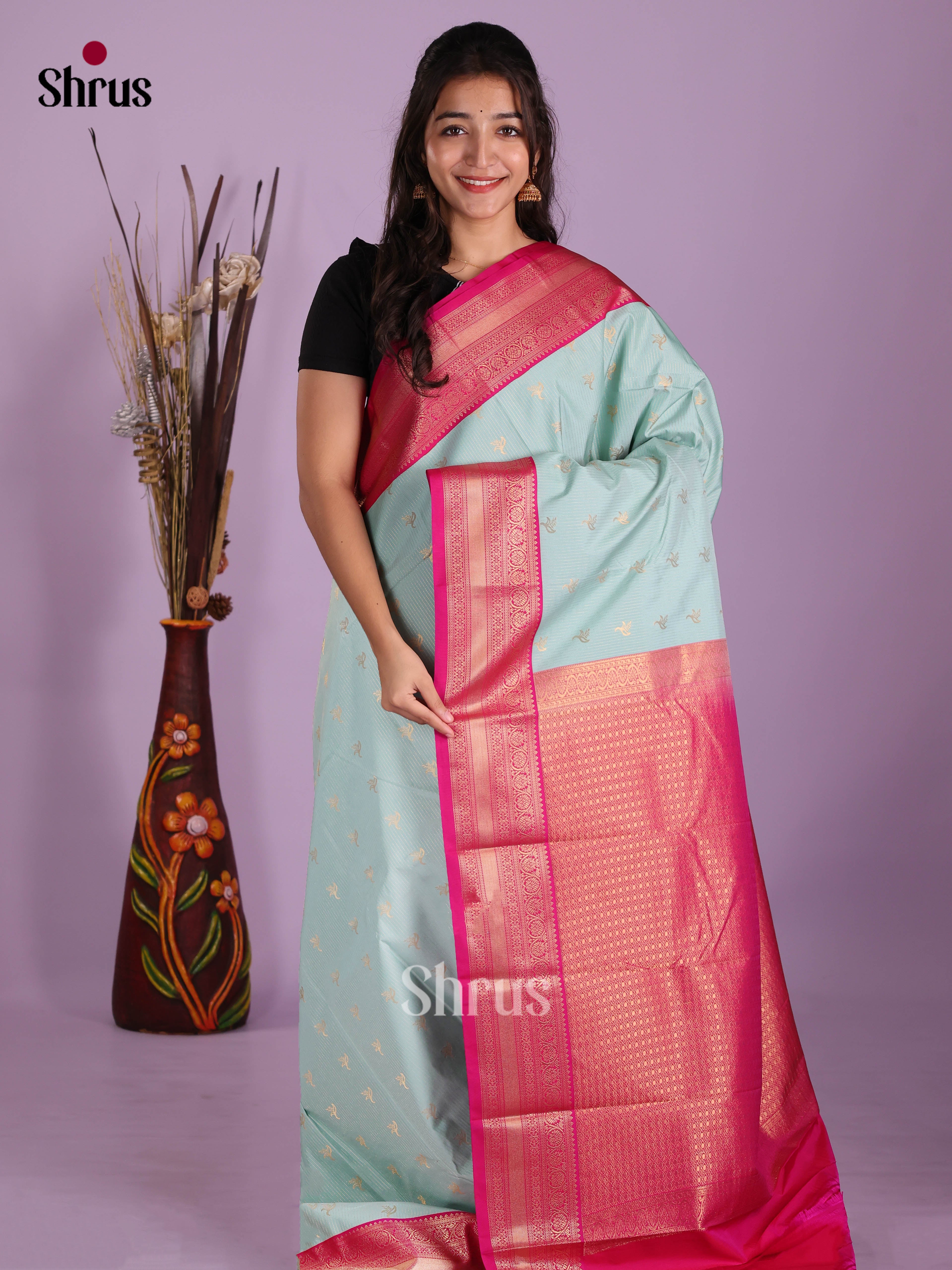 Ice Blue & Pink - Semi Kanchipuram Saree