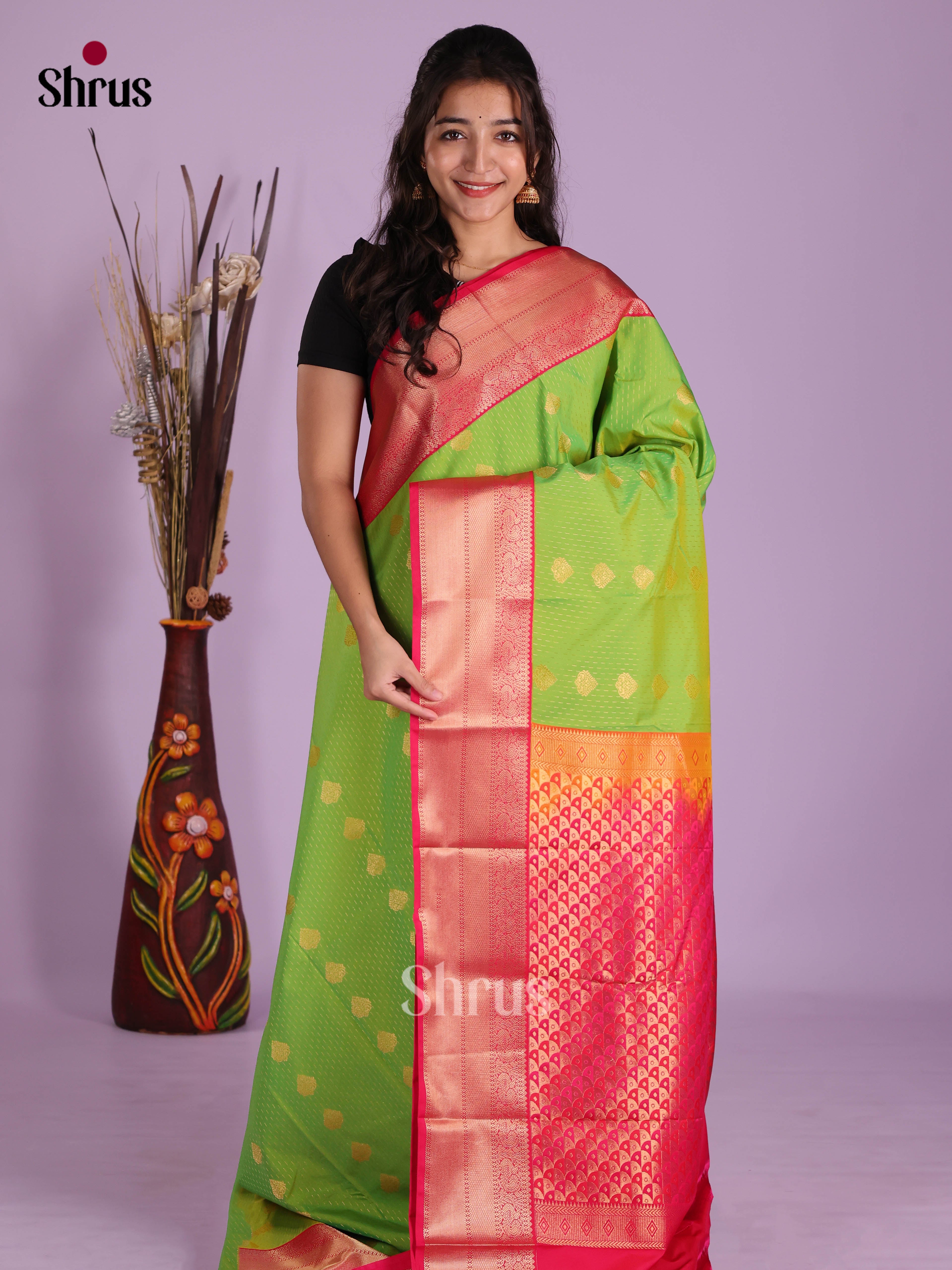 Light Green & Red - Semi Kanchipuram Saree