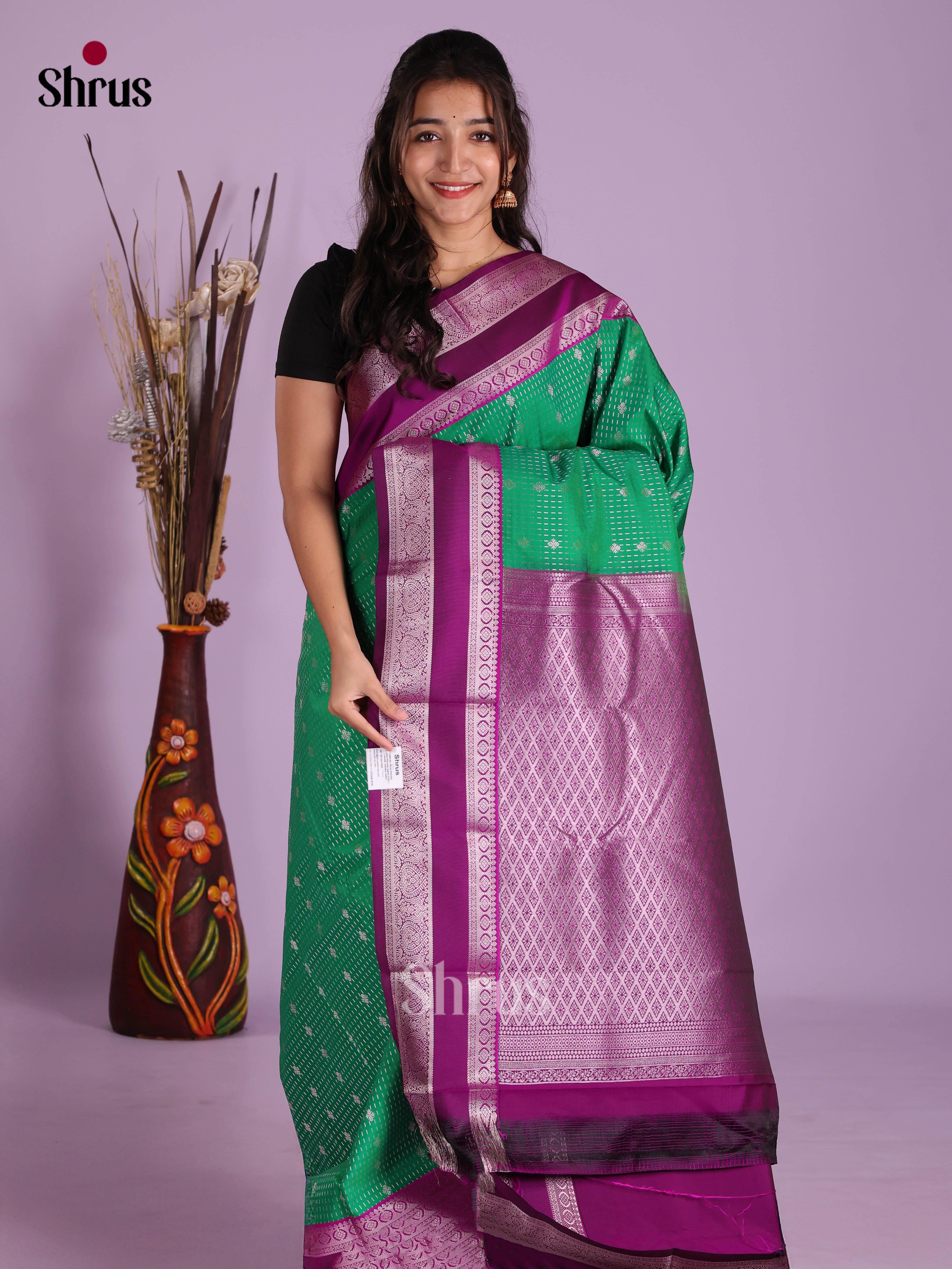 Green & Purple - Semi Kanchipuram Saree - Shop on Shrus.com
