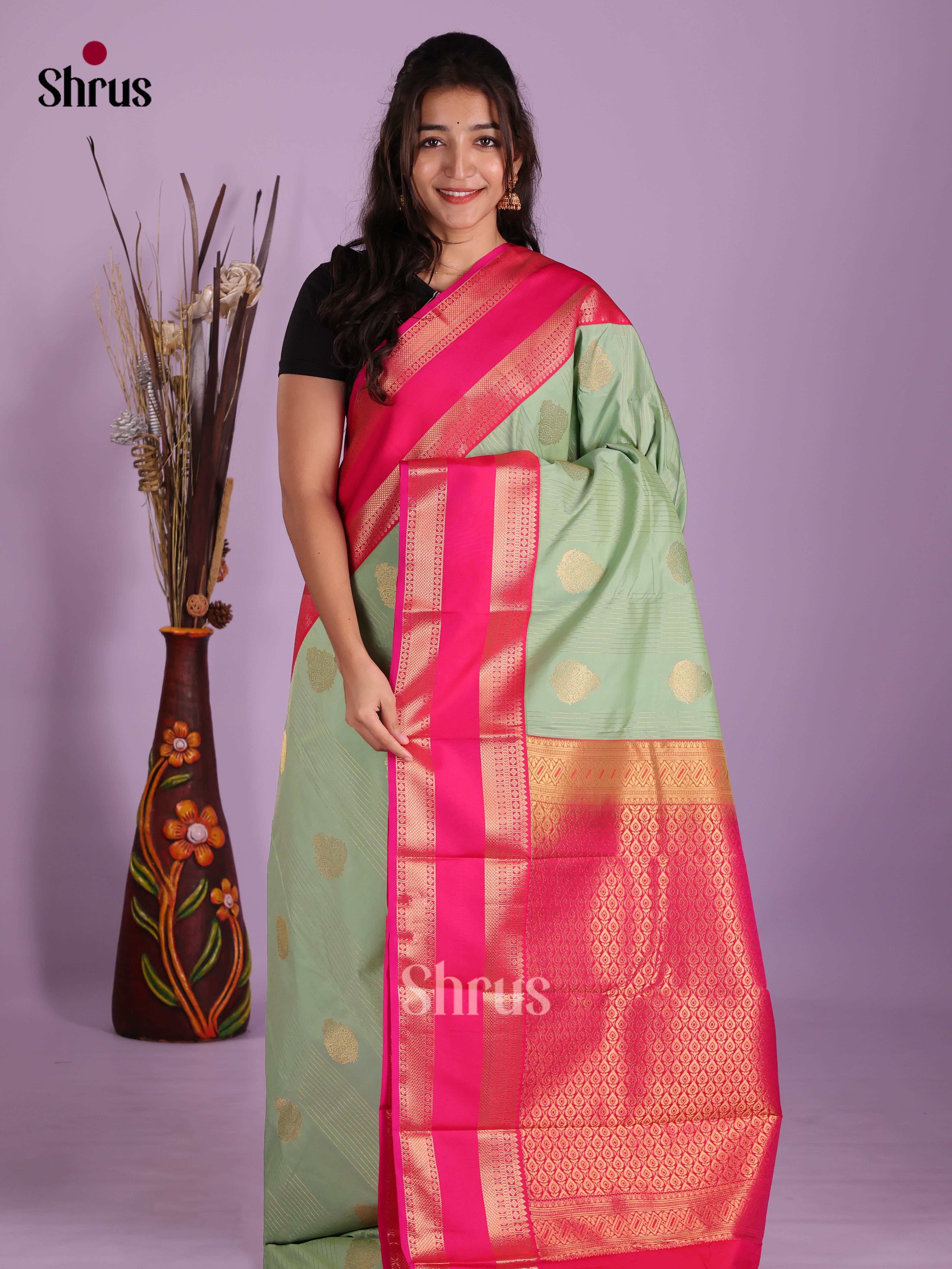 Pastel Green & Pink - Semi Kanchipuram Saree