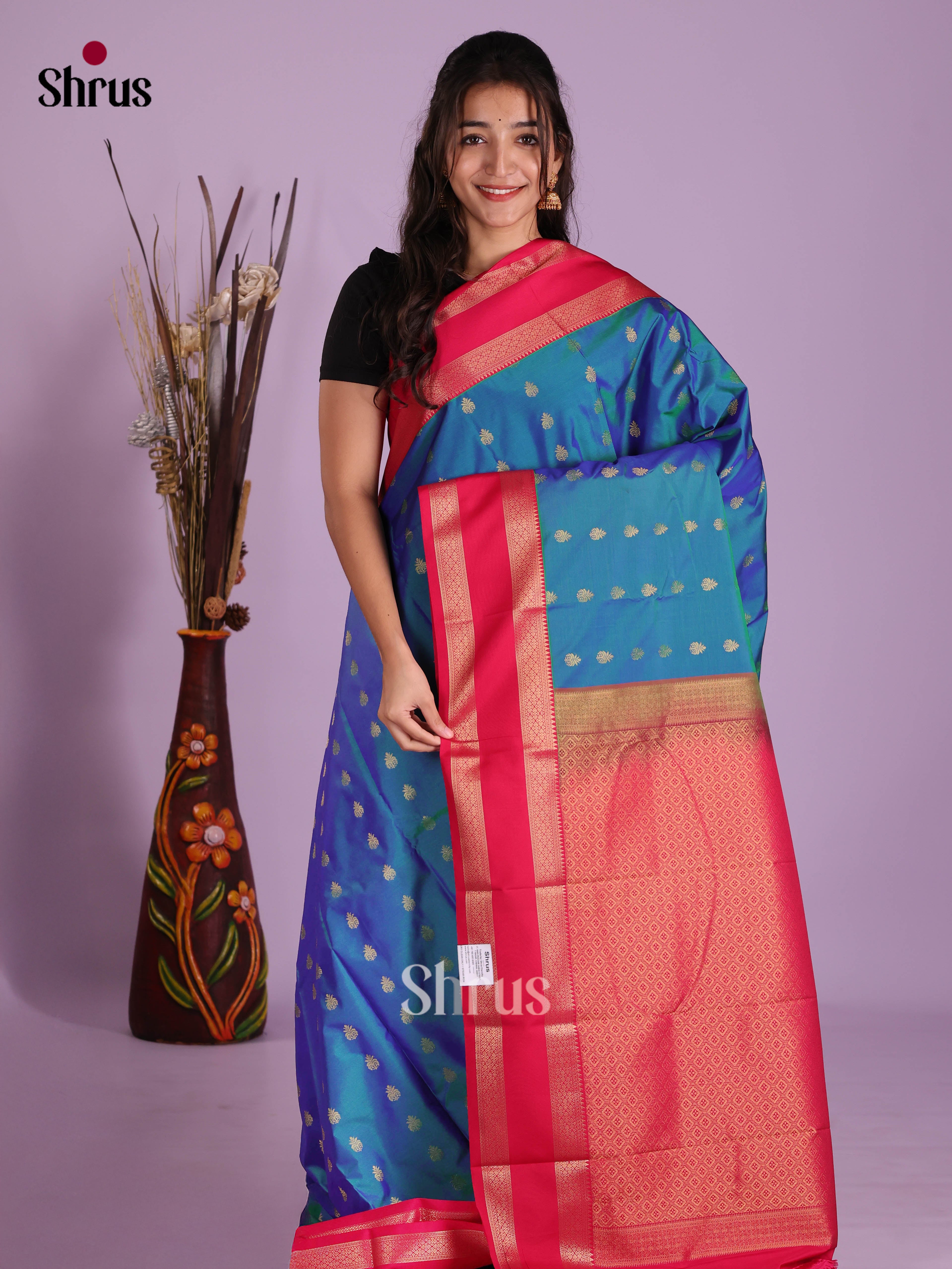 Blue & Red - Semi Kanchipuram Saree