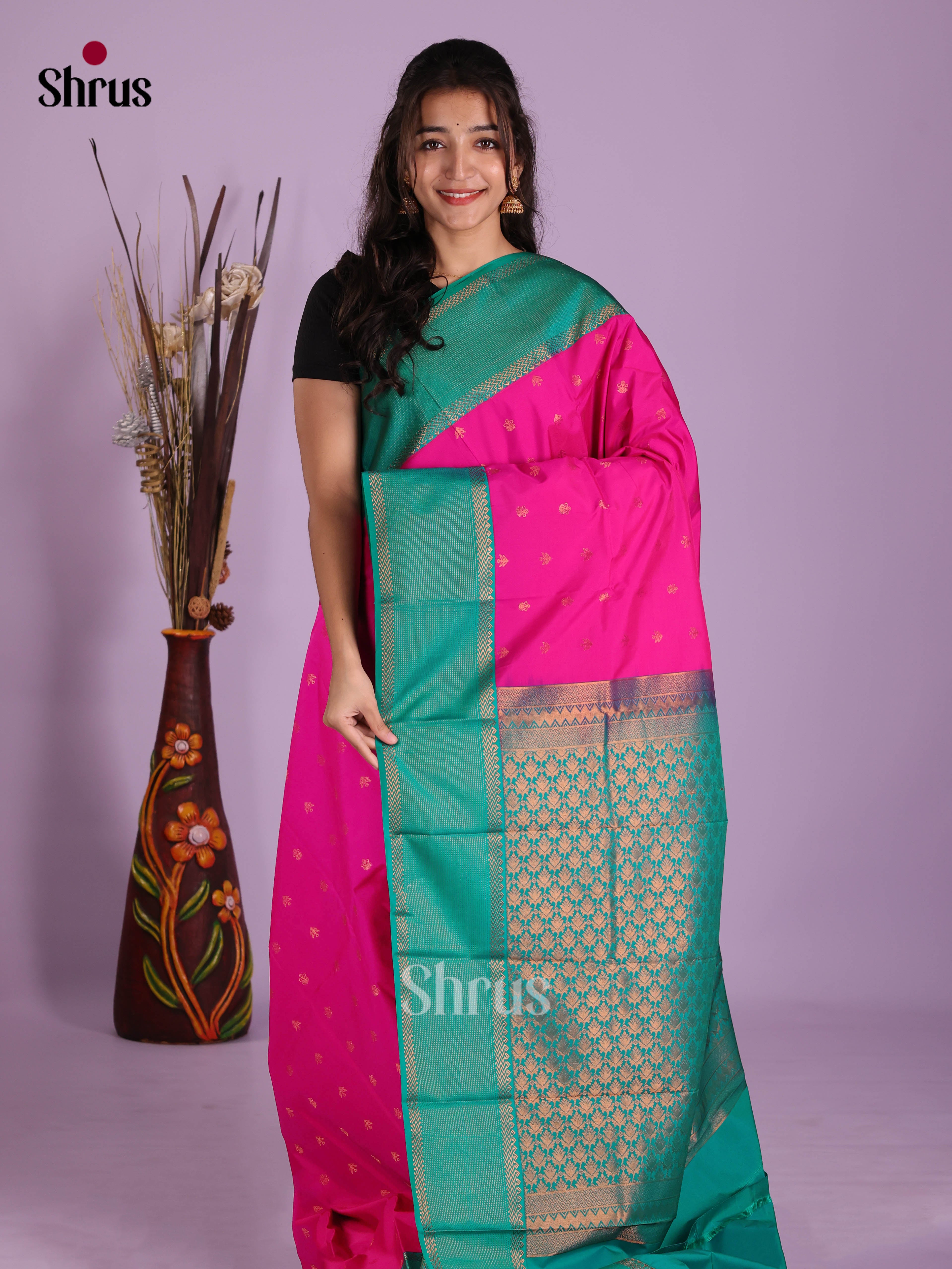 Rani Pink & Green - Semi Kanchipuram Saree - Shop on Shrus.com