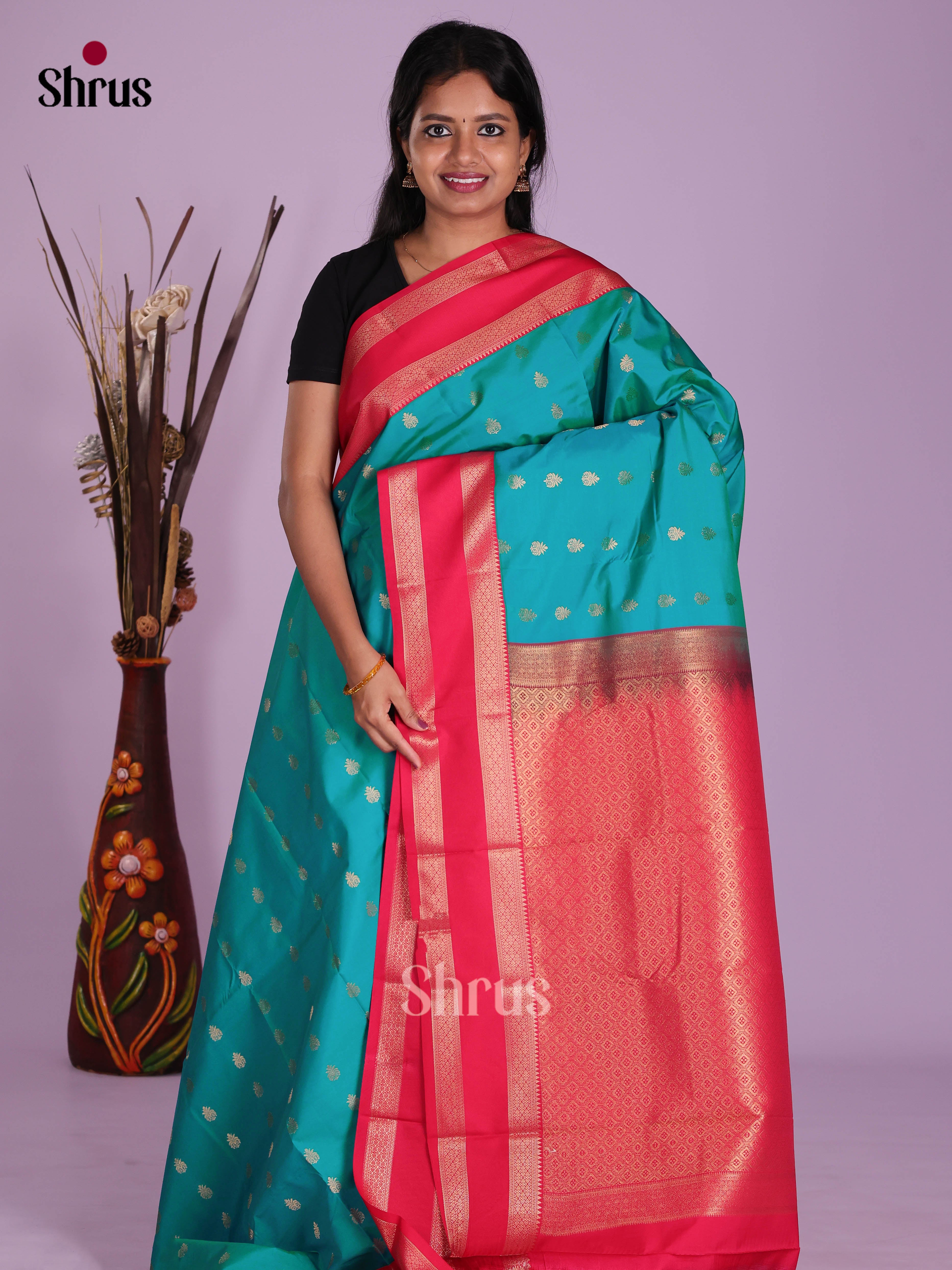 Blue & Red - Semi Kanchipuram Saree