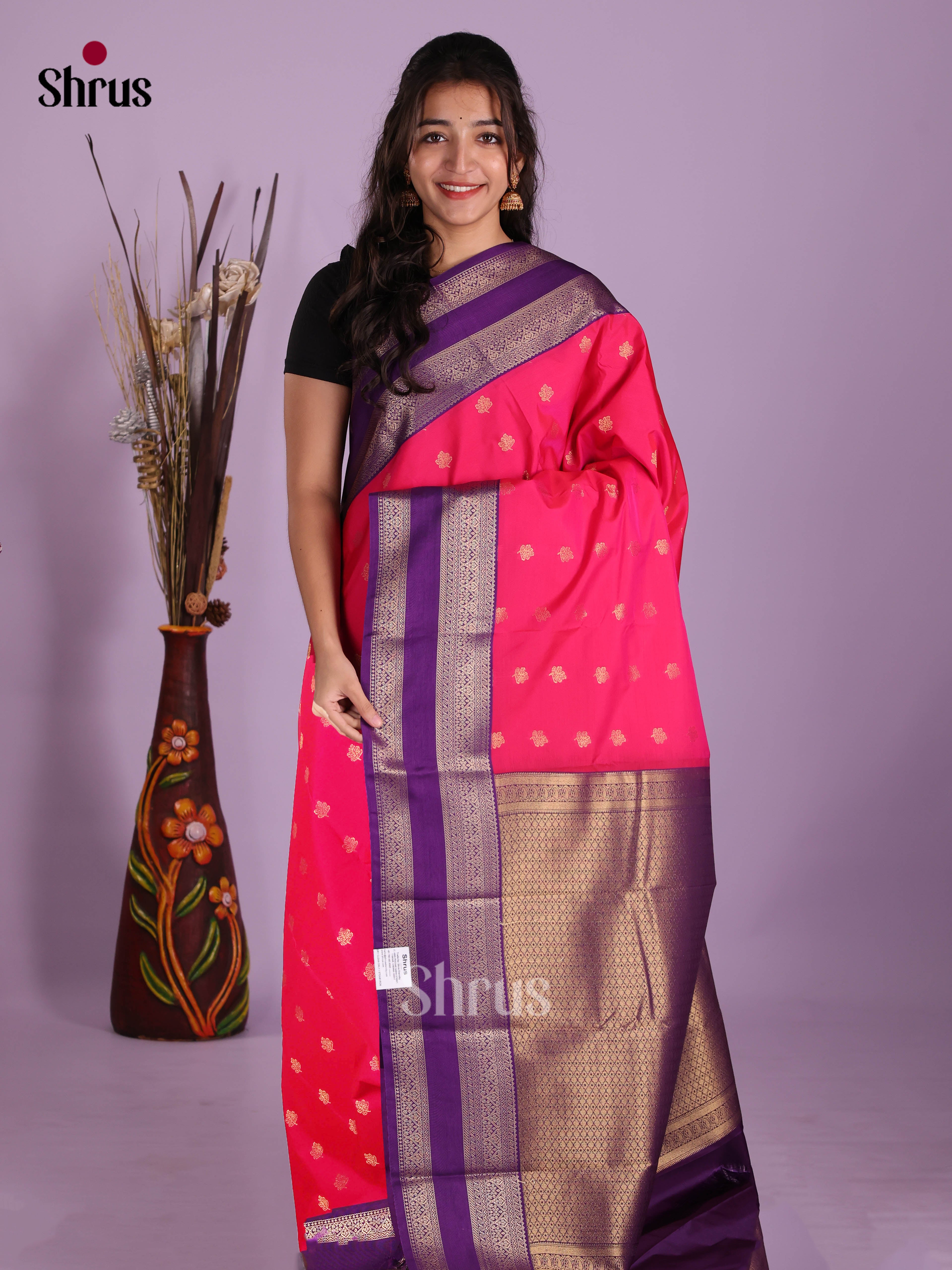 Pink & Violet - Semi Kanchipuram Saree - Shop on Shrus.com