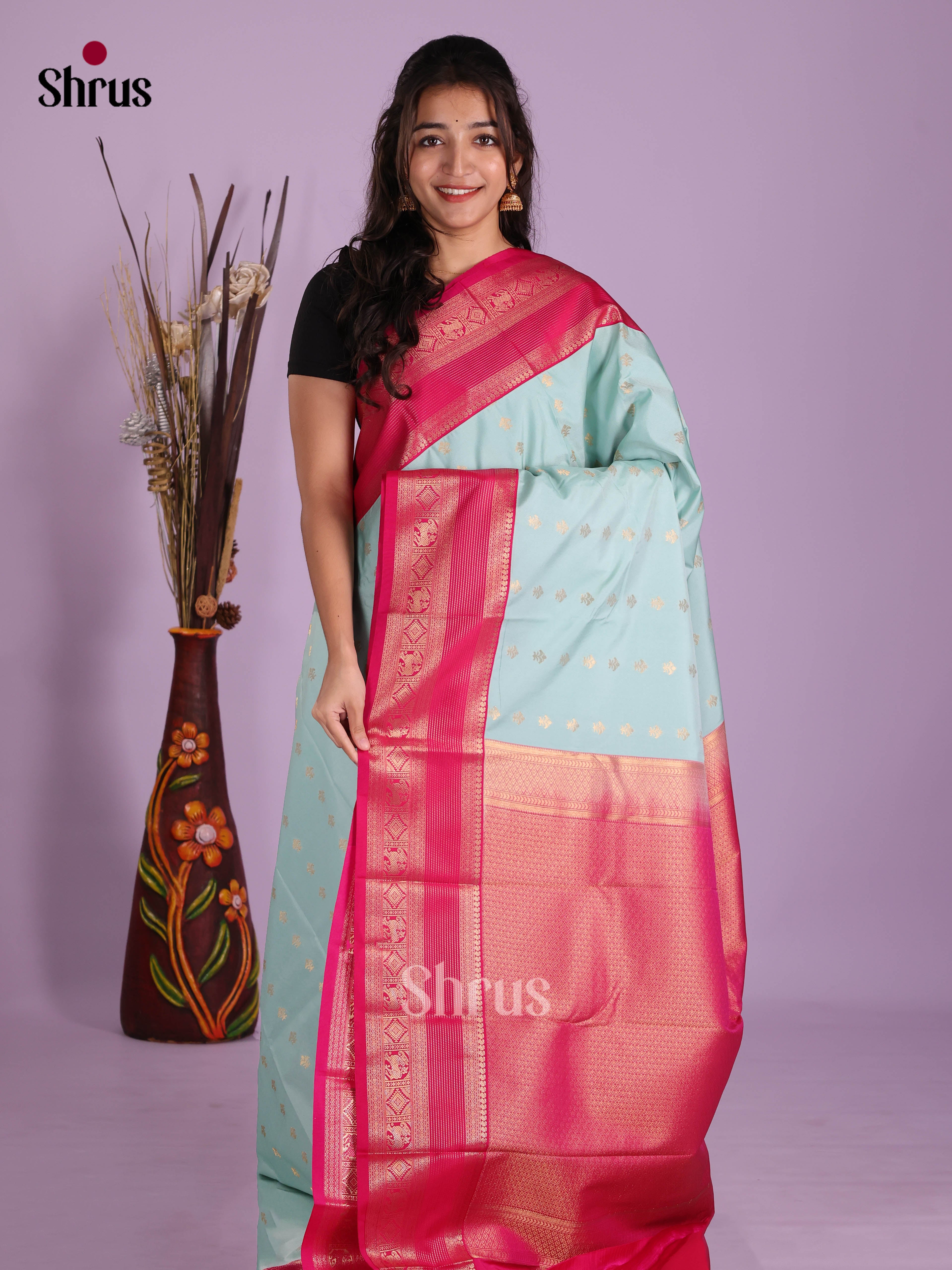Pastel Blue & Pink - Semi Kanchipuram Saree - Shop on Shrus.com