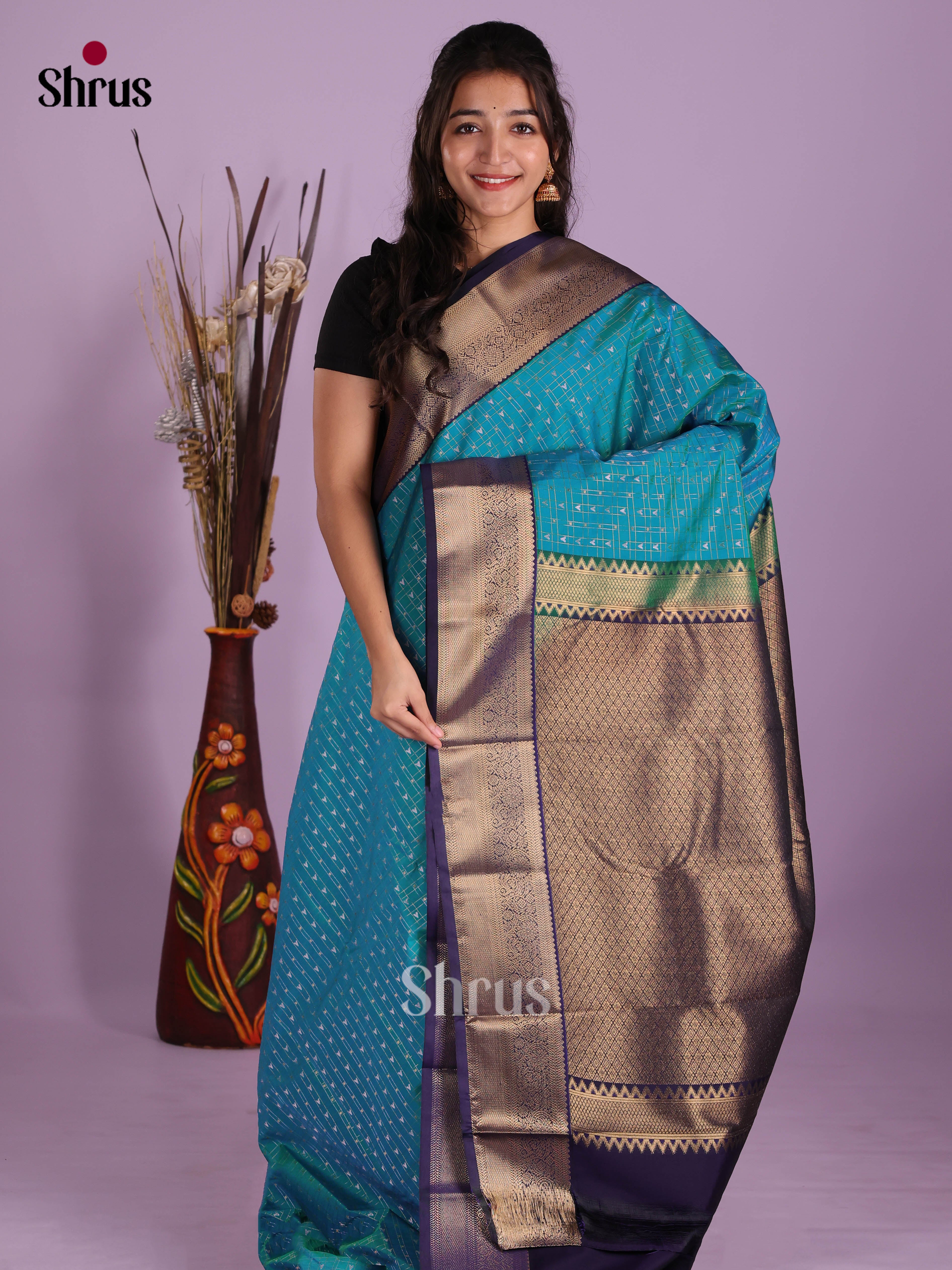 Blue & Navy Blue- Semi Kanchipuram Saree
