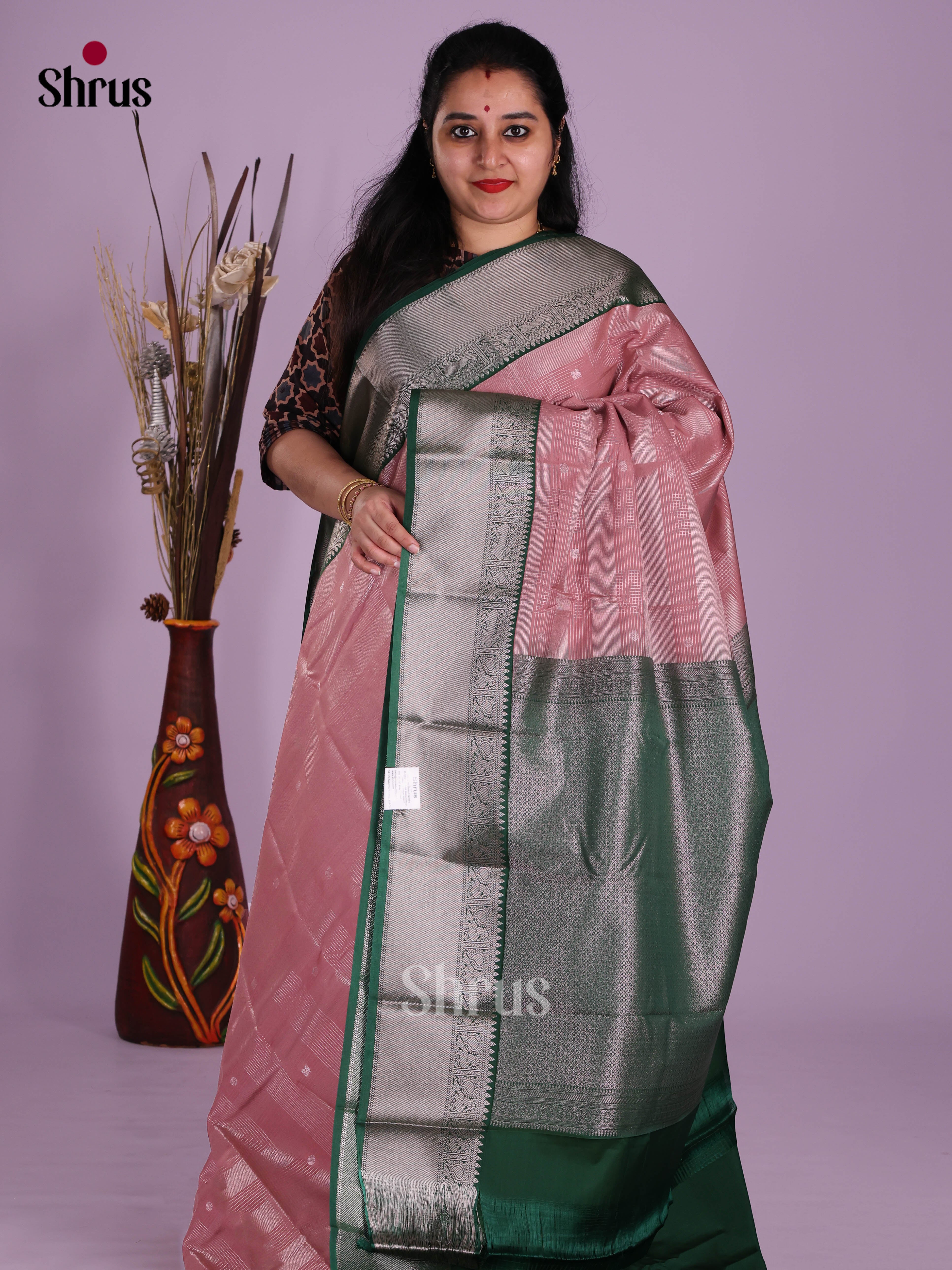 Dusty Pink & Green- Semi Kanchipuram Saree