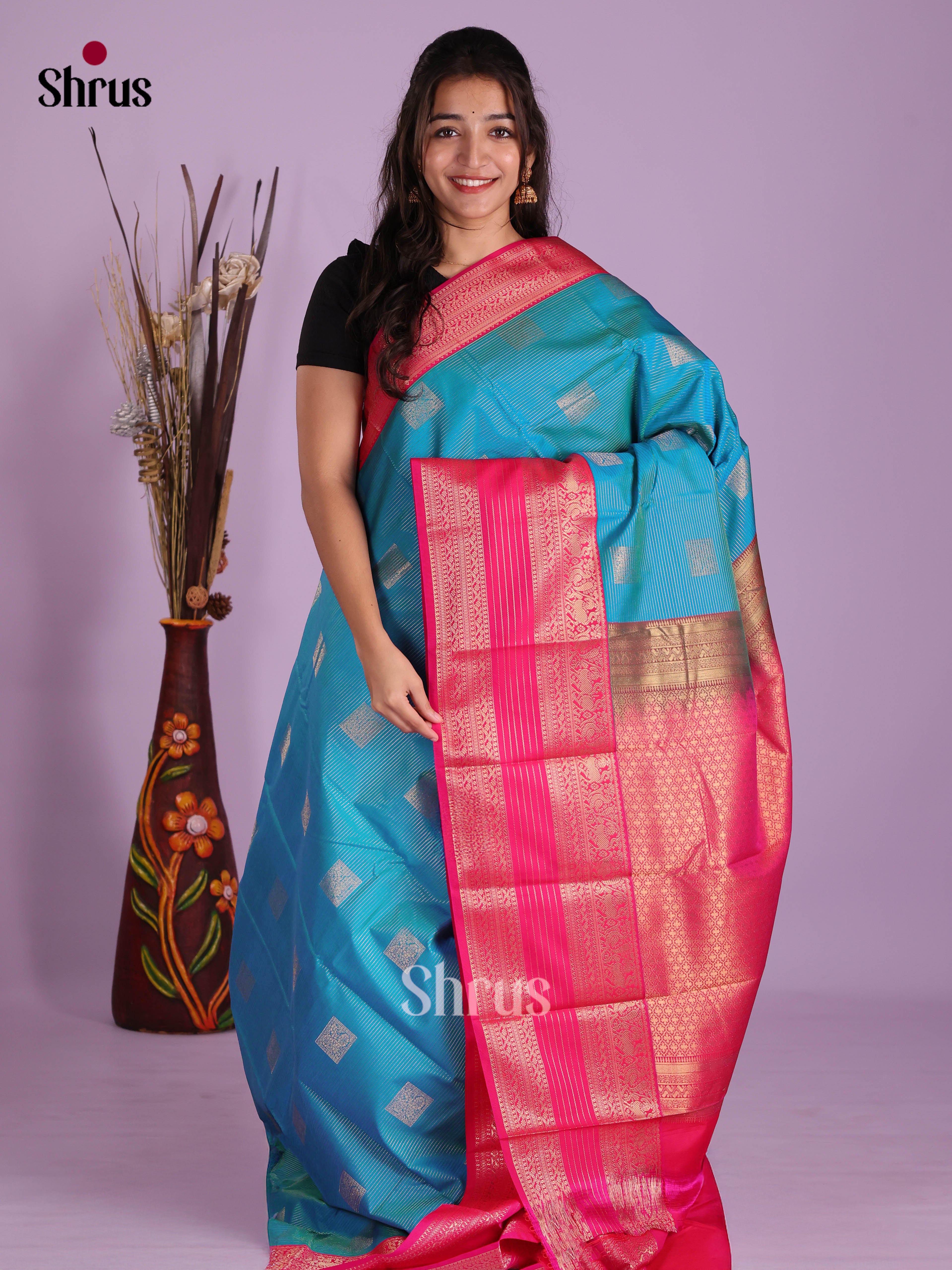 Blue & Pink - Semi Kanchipuram Saree