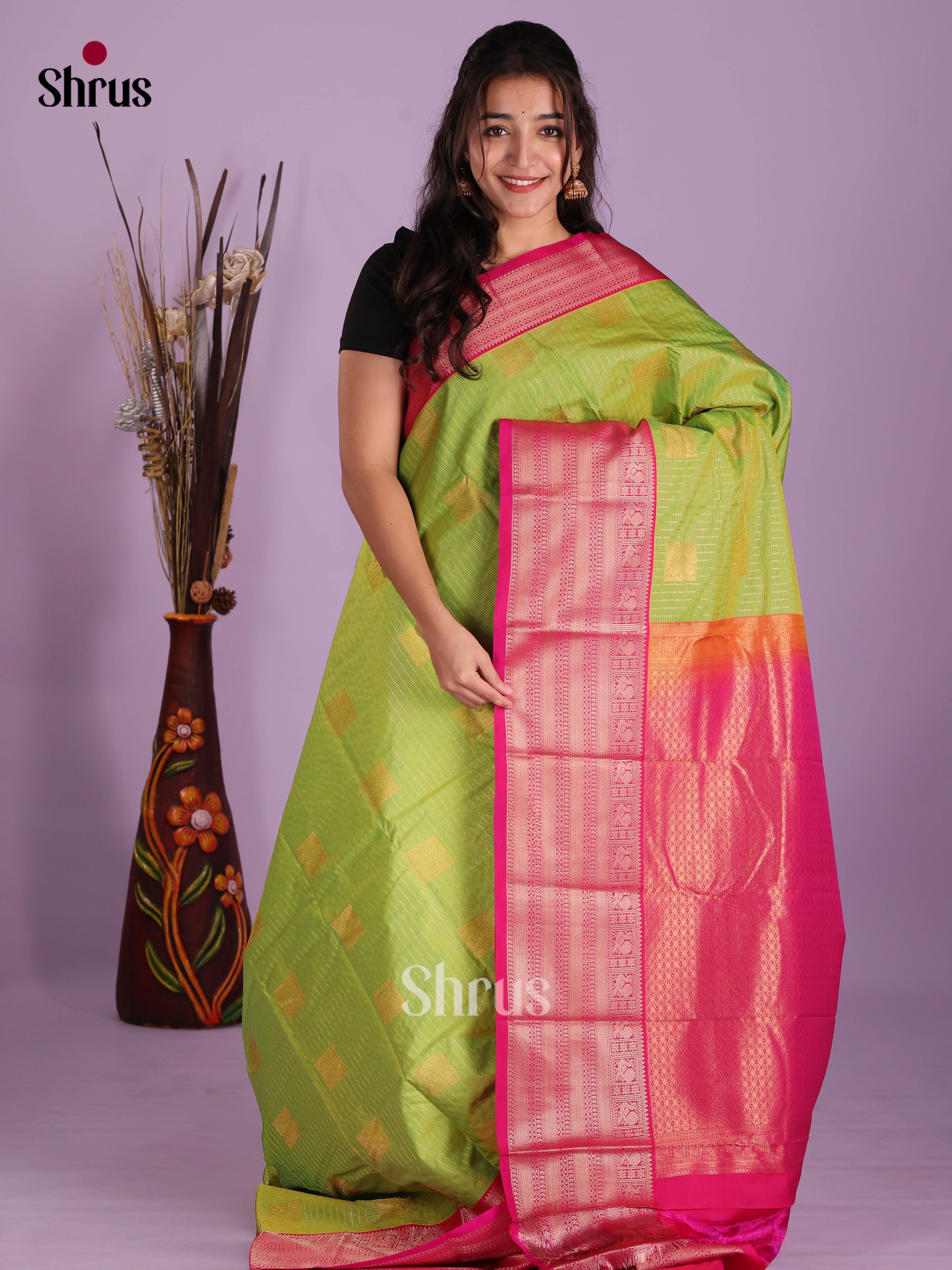 Light Green & Pink- Semi Kanchipuram Saree - Shop on Shrus.com