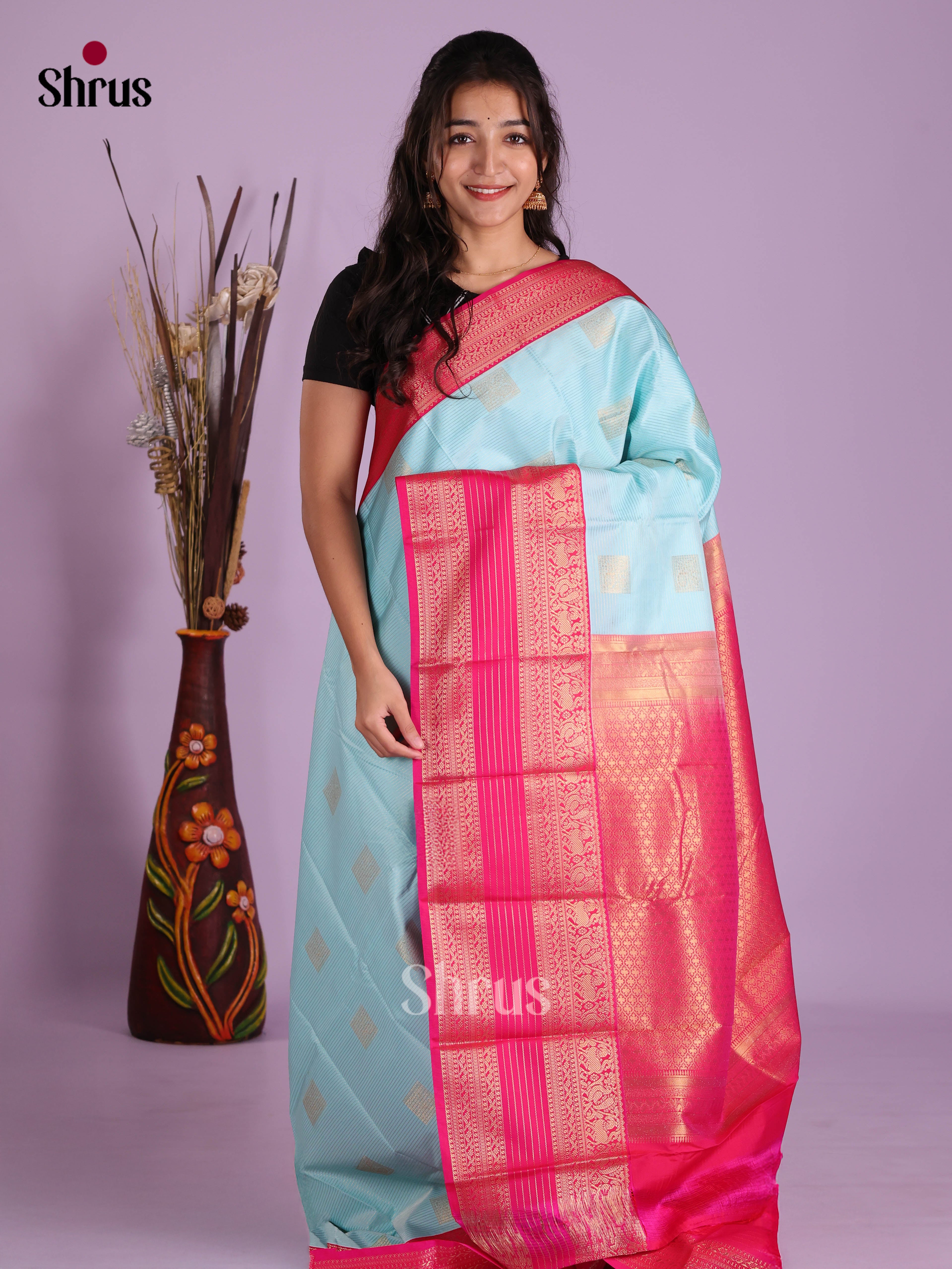 Pastel Blue & Pink - Semi Kanchipuram Saree - Shop on Shrus.com