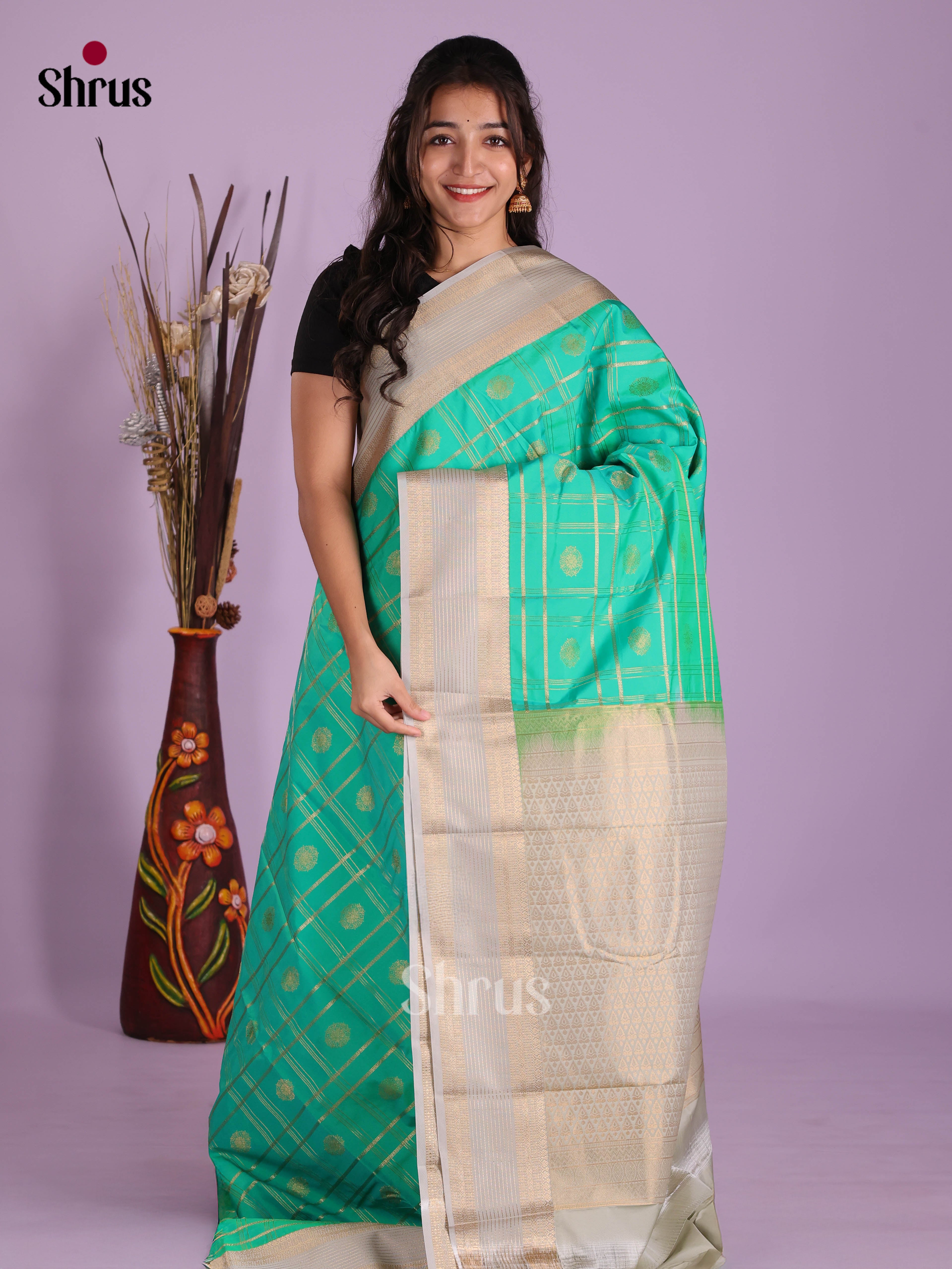 Teal Green & Grey - Semi Kanchipuram Saree - Shop on Shrus.com