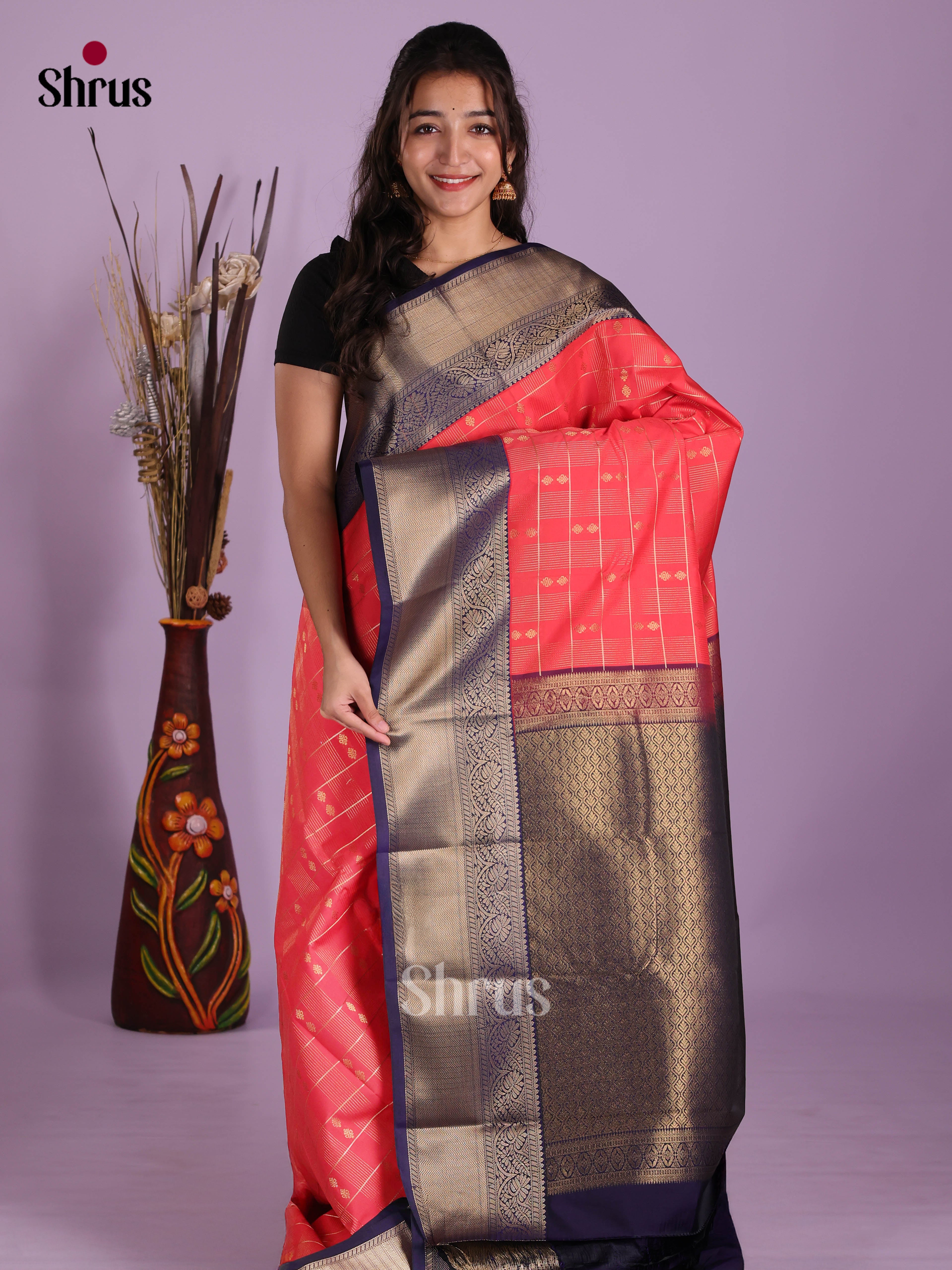Orangish Pink & Blue- Semi Kanchipuram Saree - Shop on Shrus.com