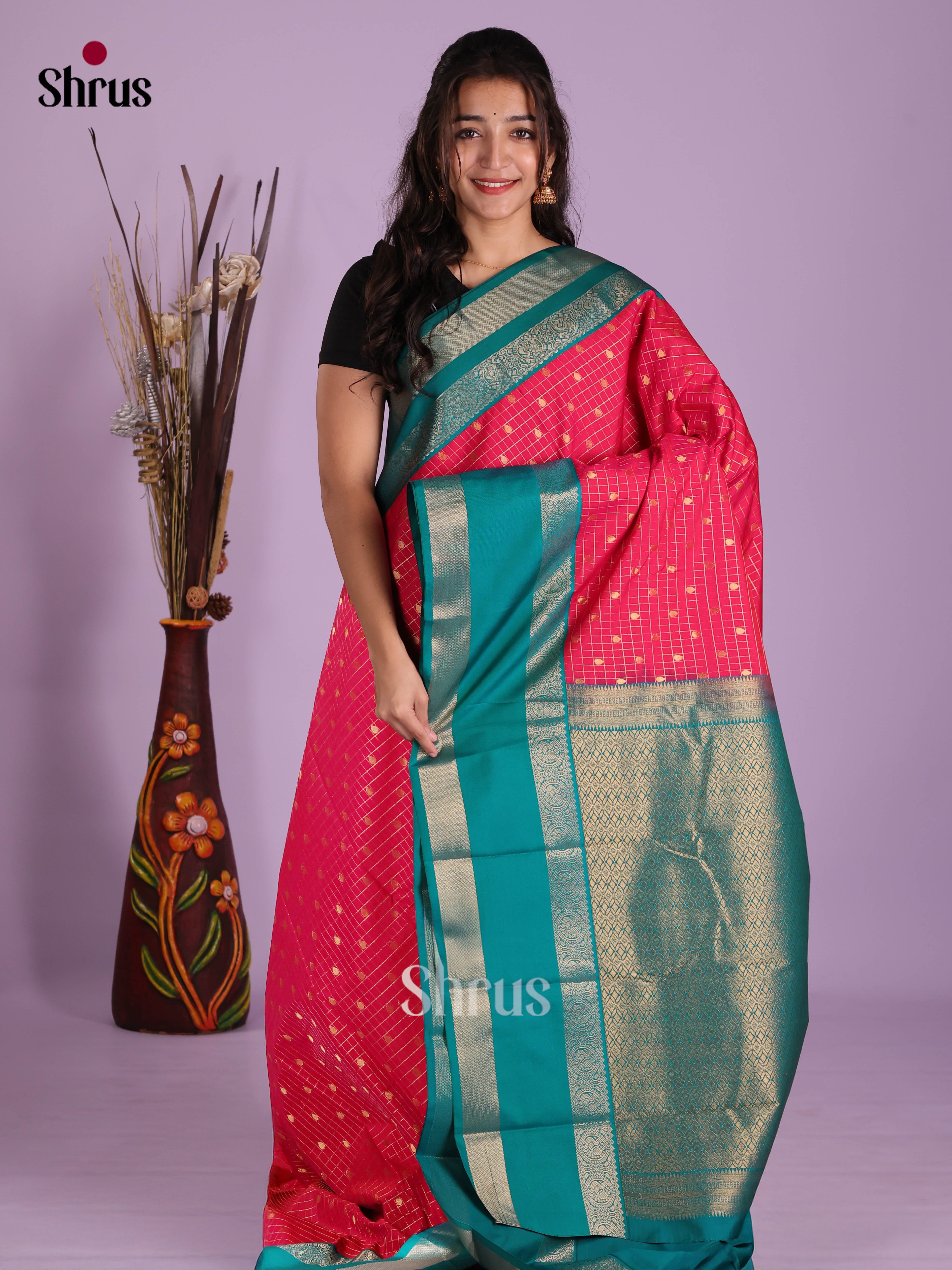 Pink & Green- Semi Kanchipuram Saree - Shop on Shrus.com