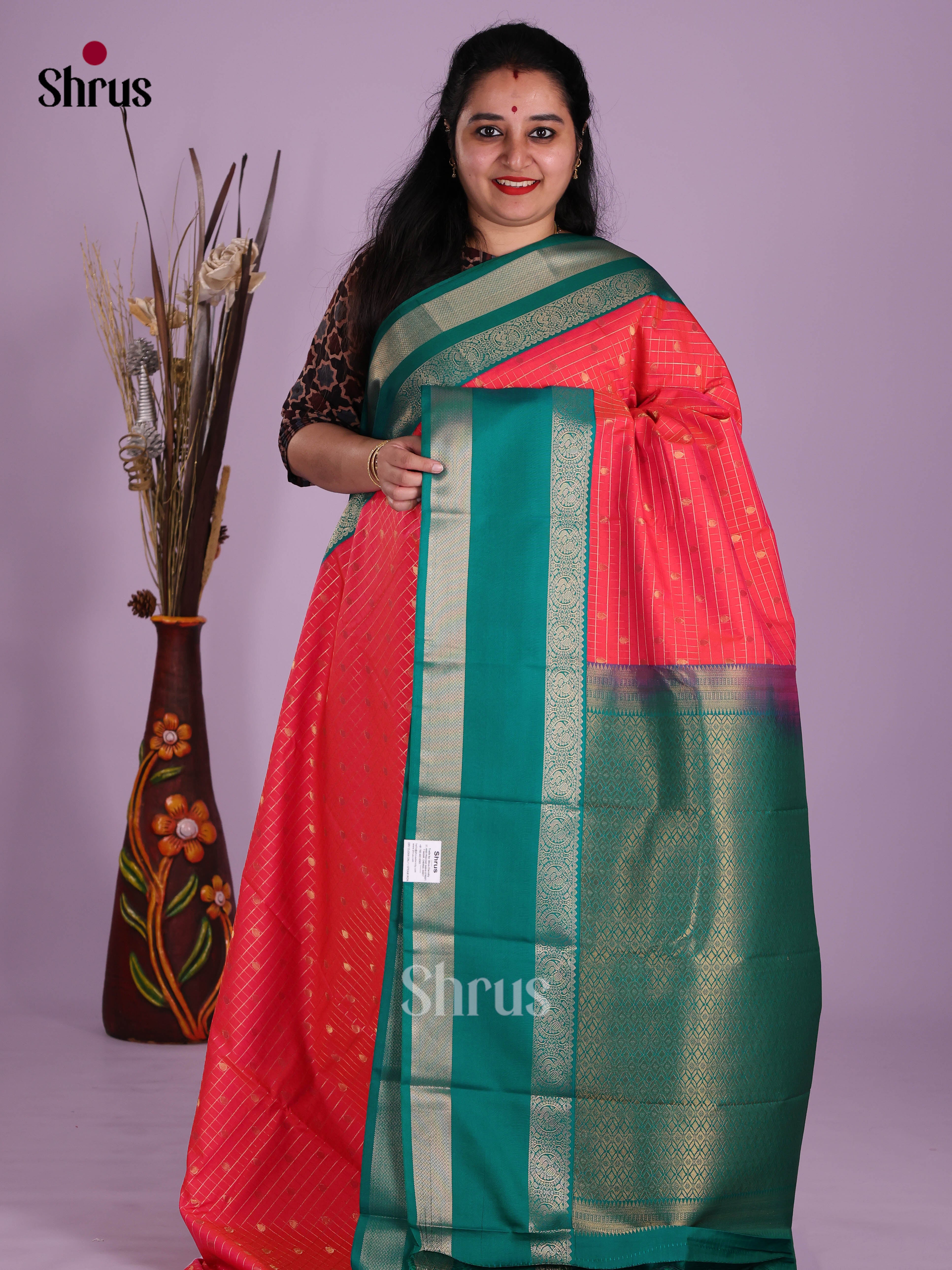 Orange & Green - Semi Kanchipuram Saree