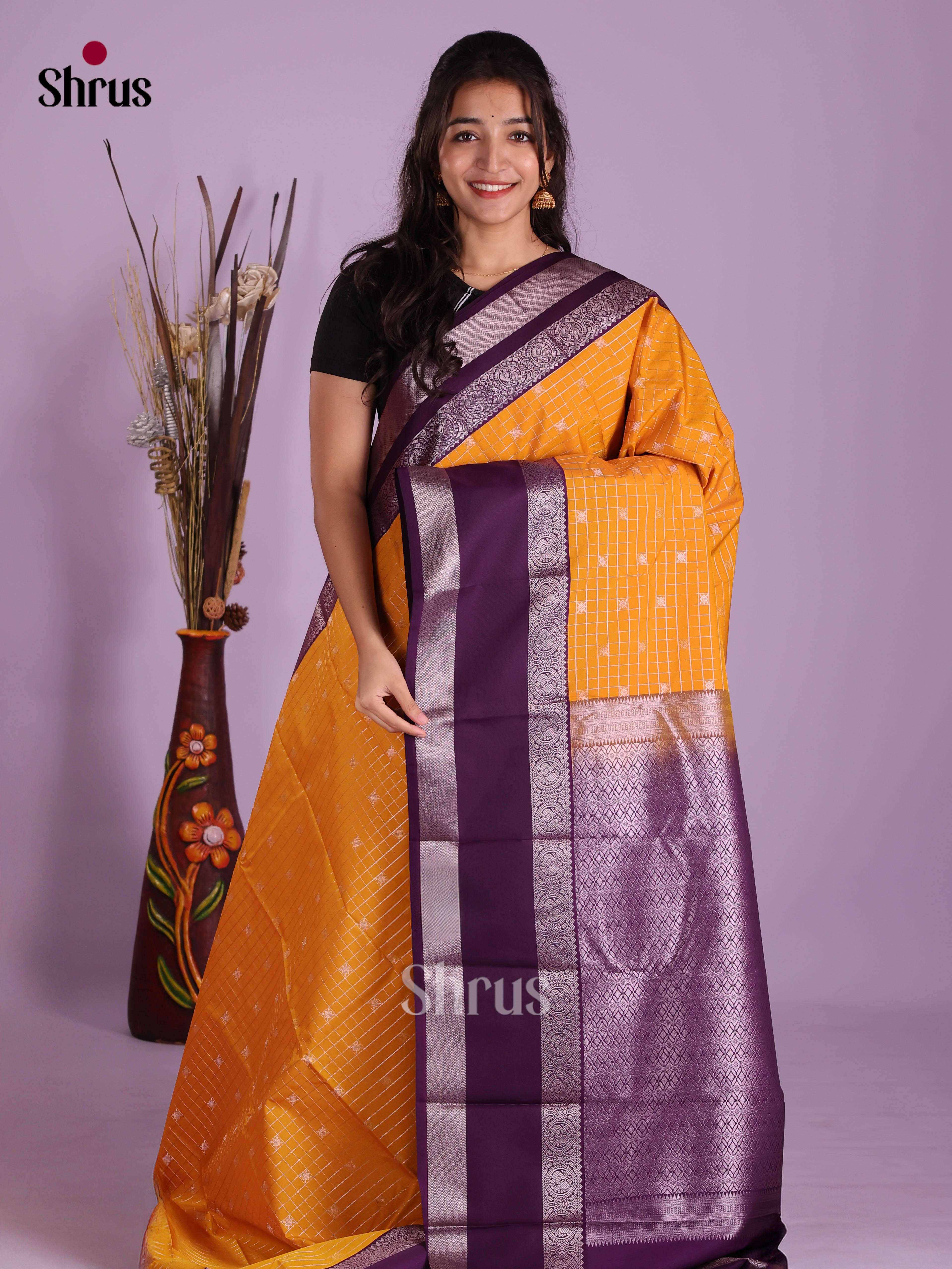 Mambazha Yellow & Violet - Semi Kanchipuram Saree