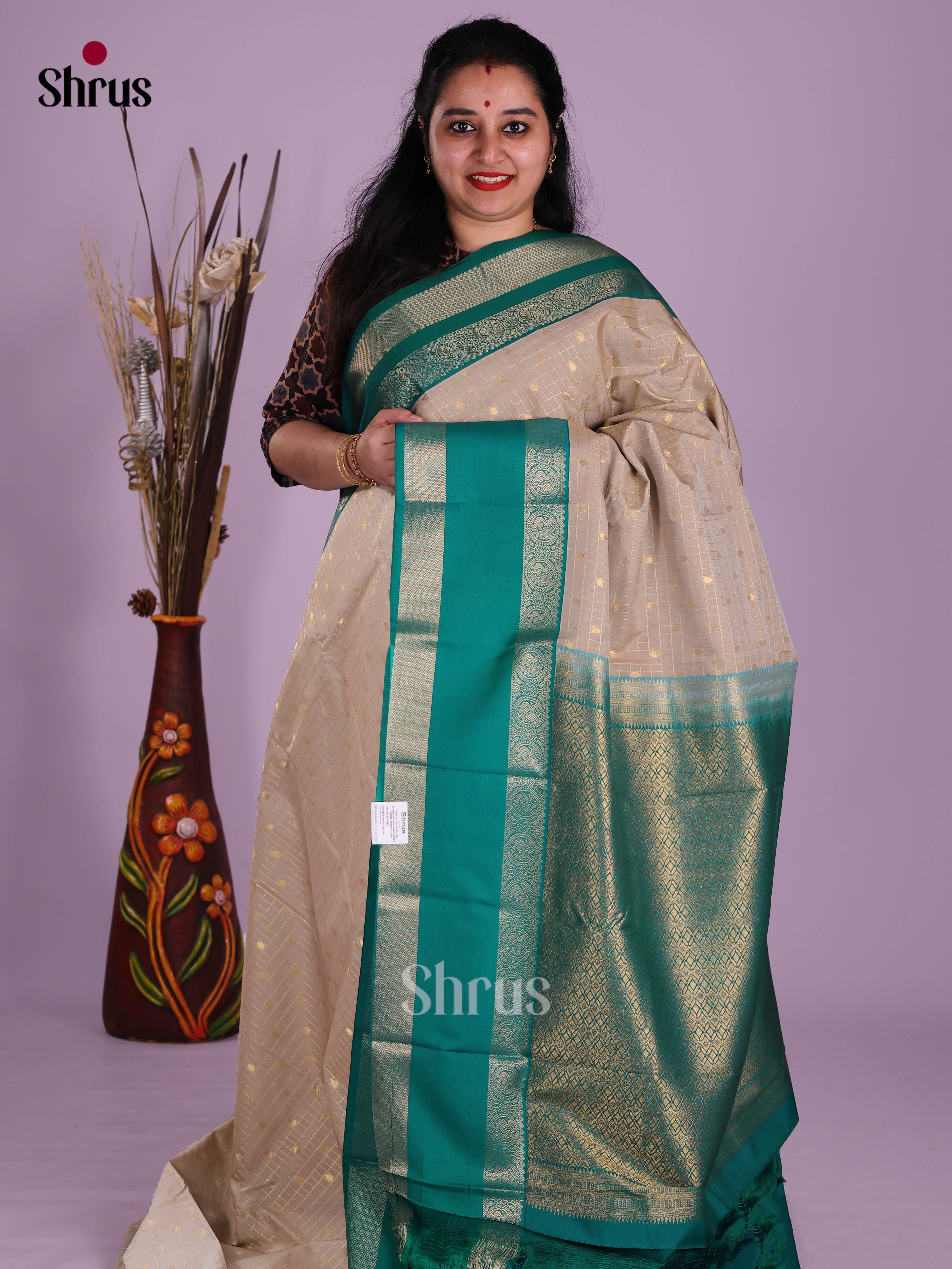Grey & Green - Semi Kanchipuram Saree - Shop on Shrus.com