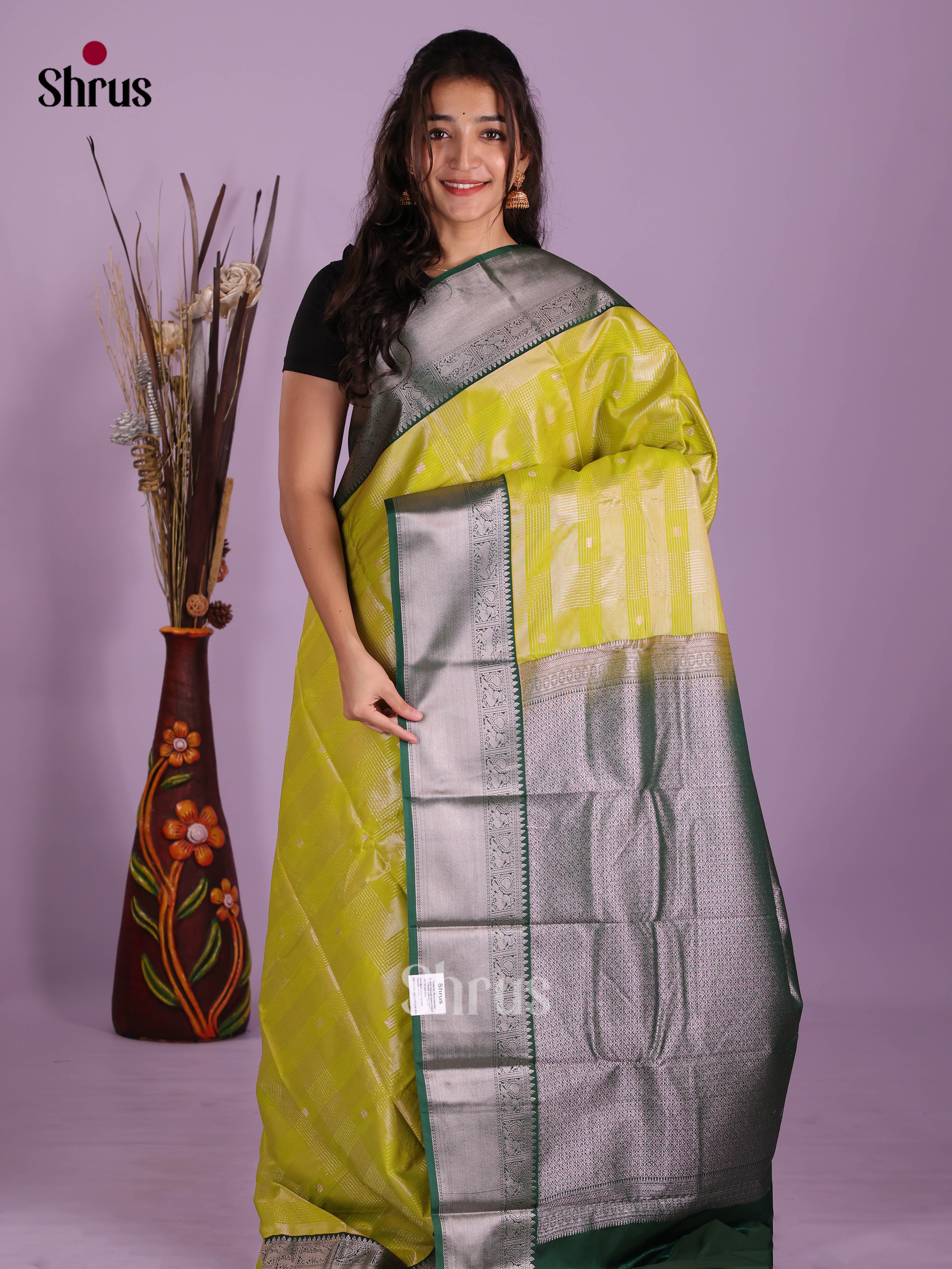 Lime Green & Green - Semi Kanchipuram Saree