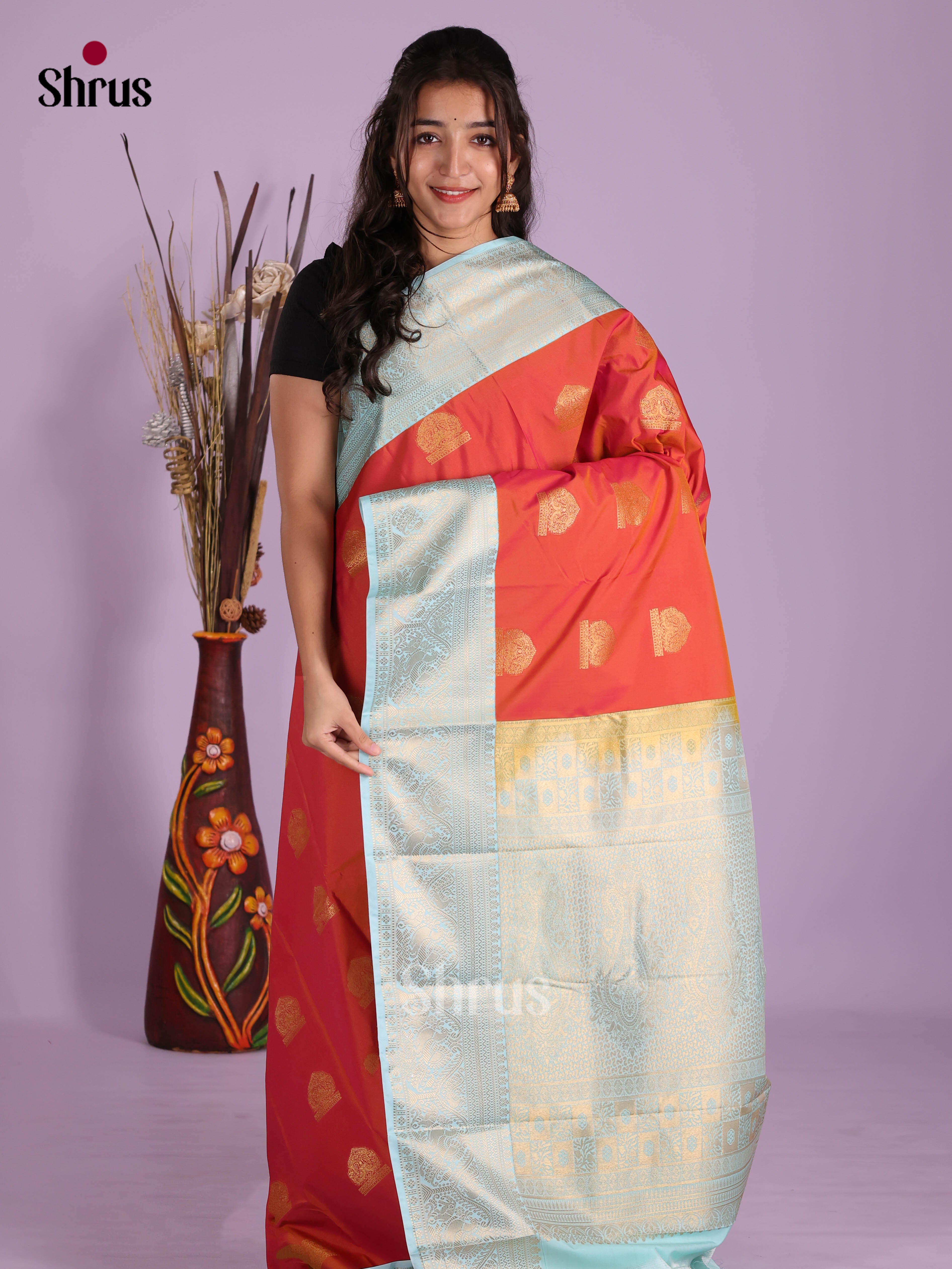 Orange & Ice Blue - Semi Kanchipuram Saree - Shop on Shrus.com