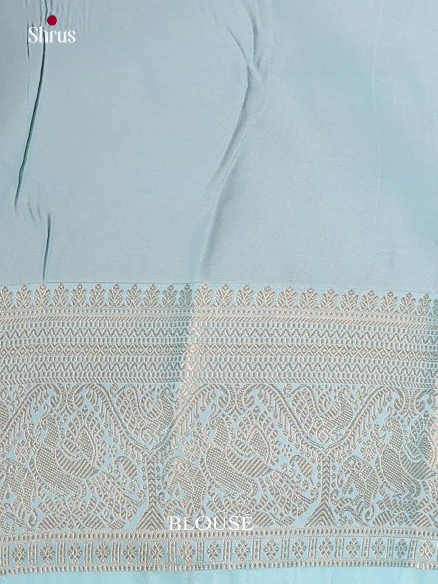 Orange & Ice Blue - Semi Kanchipuram Saree - Shop on Shrus.com