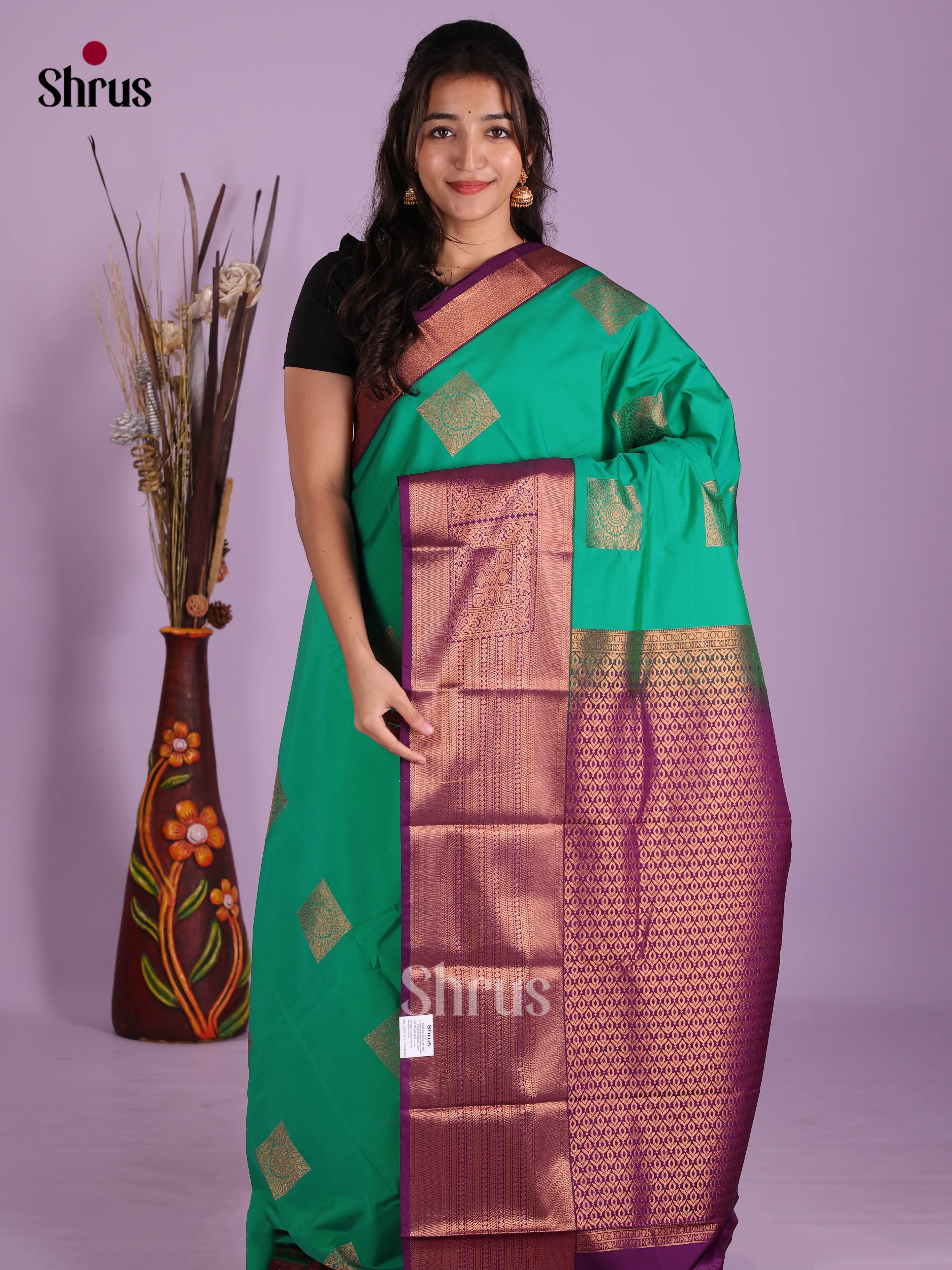 Green & Purple - Semi Kanchipuram Saree - Shop on Shrus.com