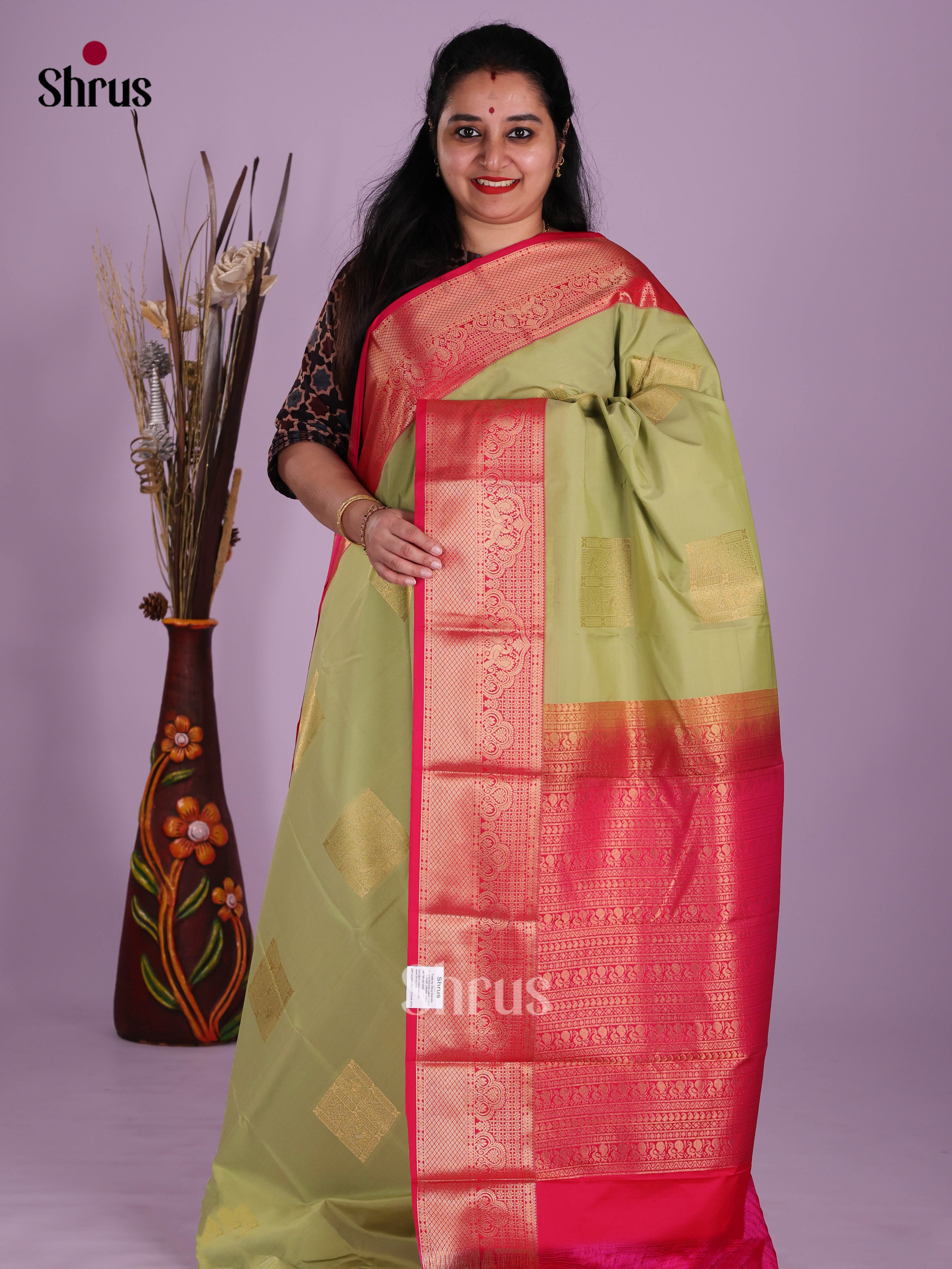 pista green & Pink - Semi Kanchipuram Saree
