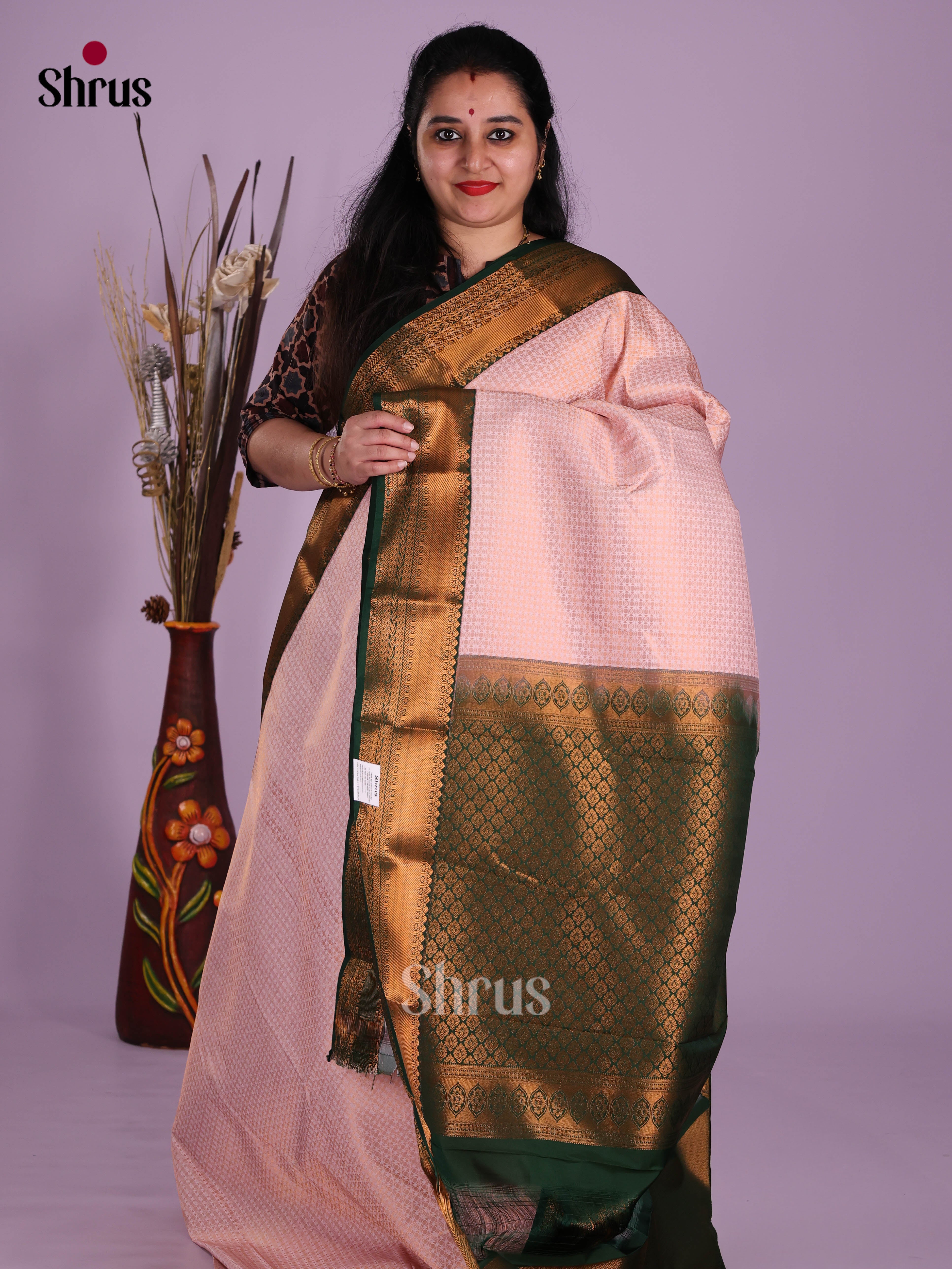 Dusty Pink & Green - Semi Kanchipuram Saree - Shop on Shrus.com