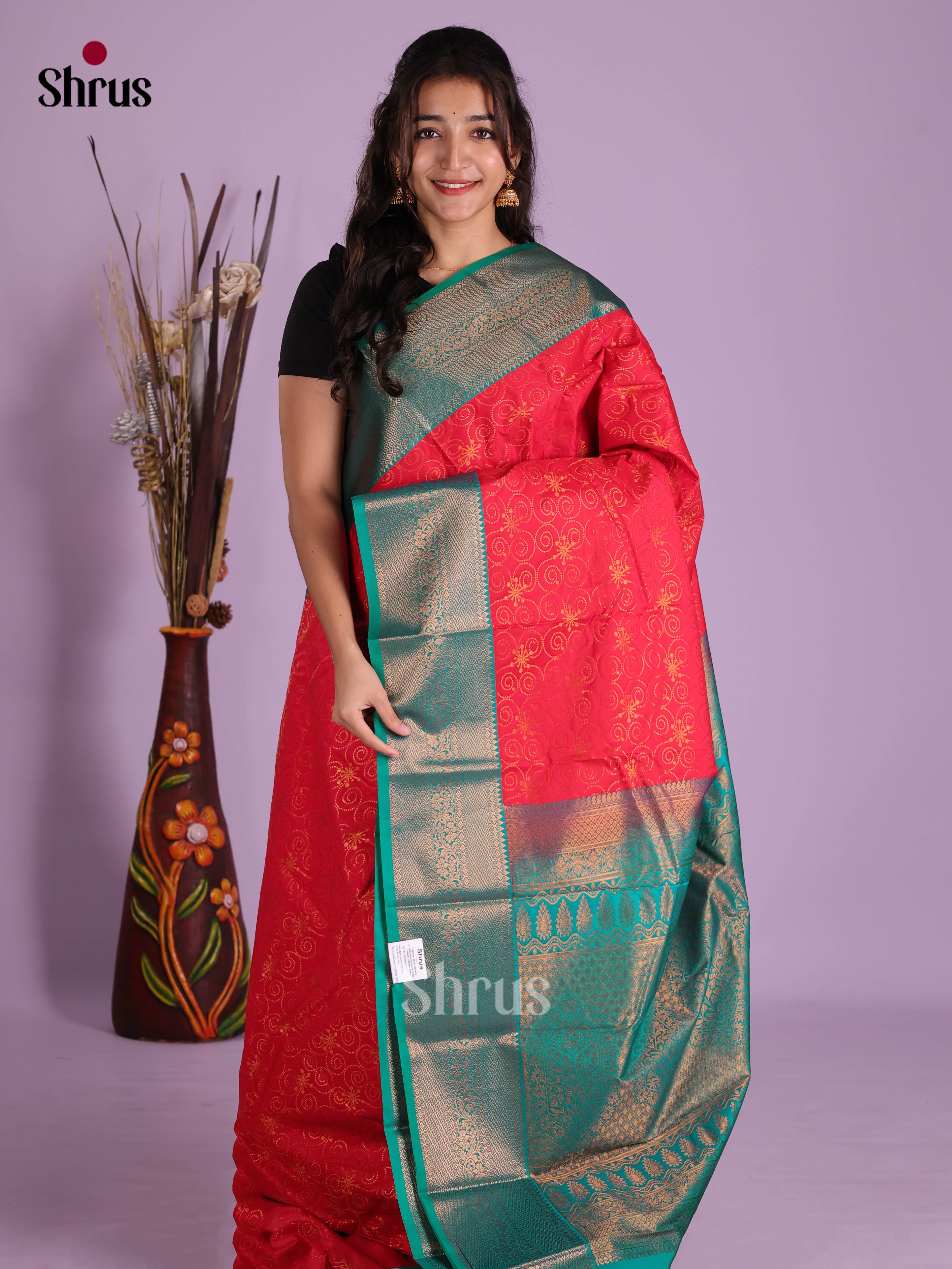 Red & Green - Semi Kanchipuram Saree - Shop on Shrus.com