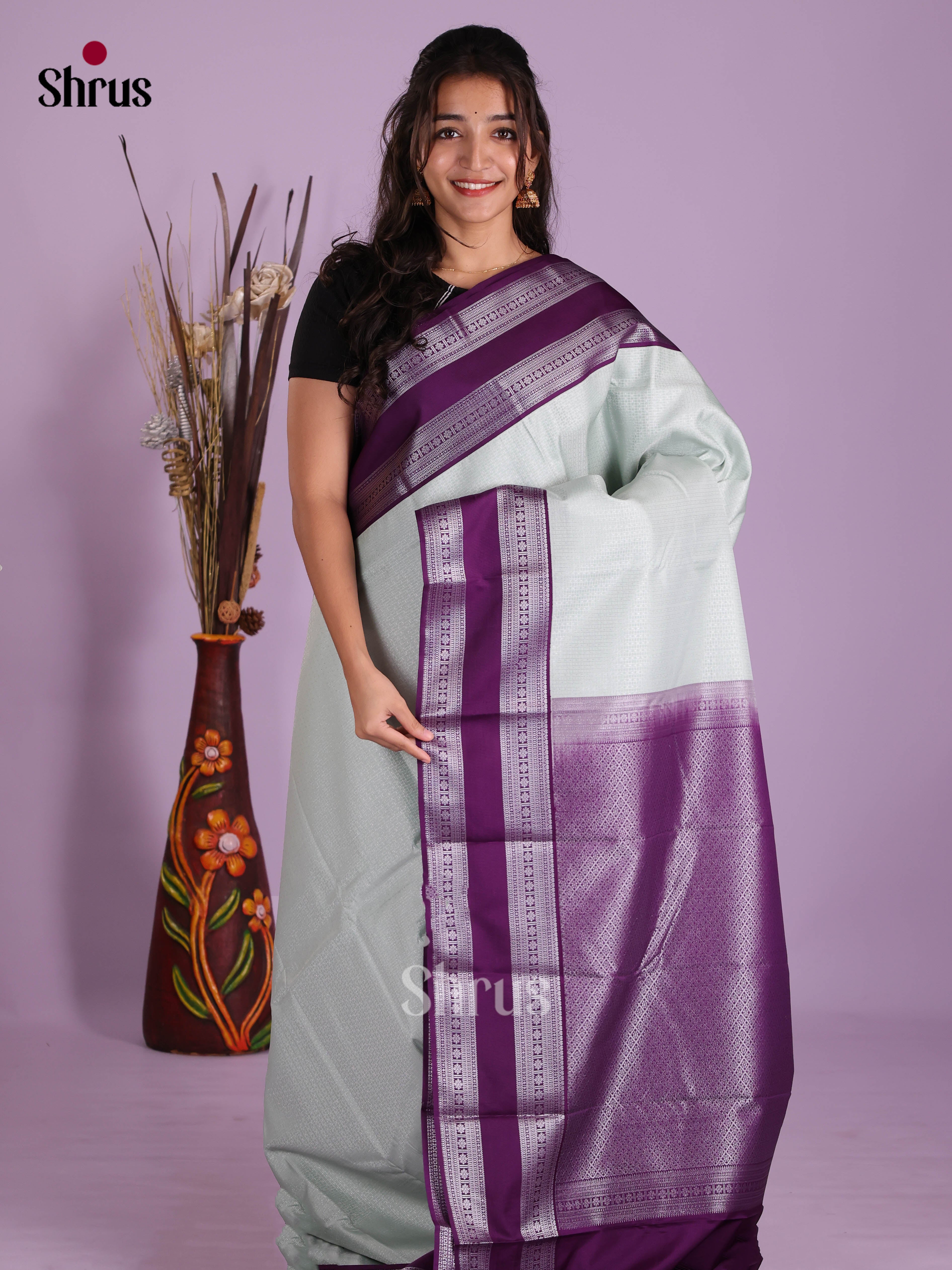 Ice Blue & Violet- Semi Kanchipuram Saree - Shop on Shrus.com