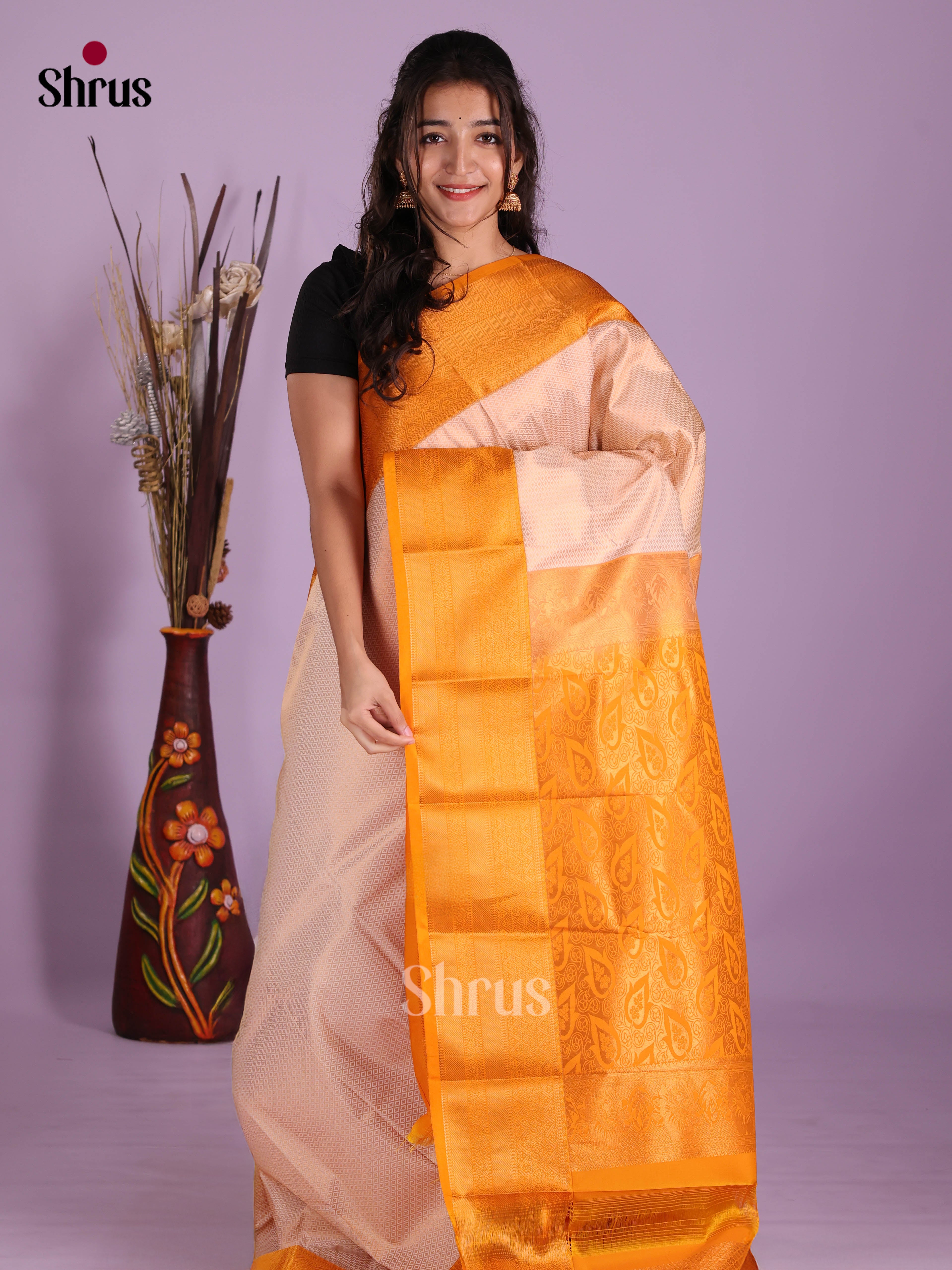 Cream & Orange  - Semi Kanchipuram Saree