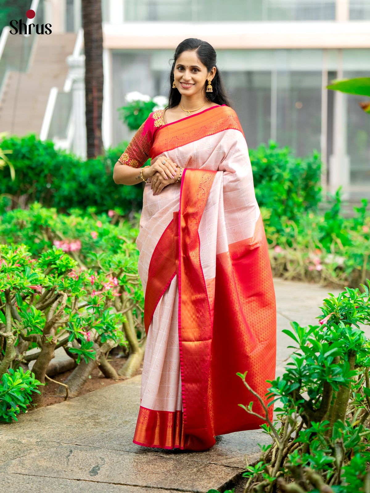 White & Pink - Semi Kanchipuram Saree