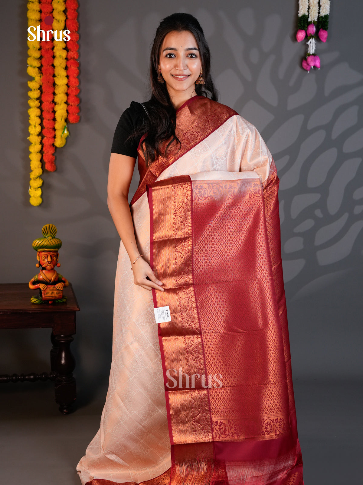 White & Pink - Semi Kanchipuram Saree - Shop on Shrus.com