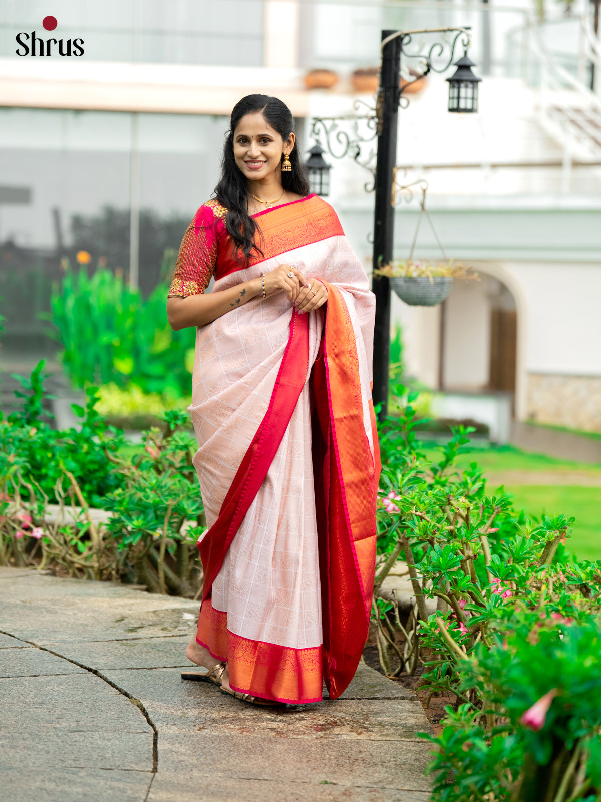 White & Pink - Semi Kanchipuram Saree