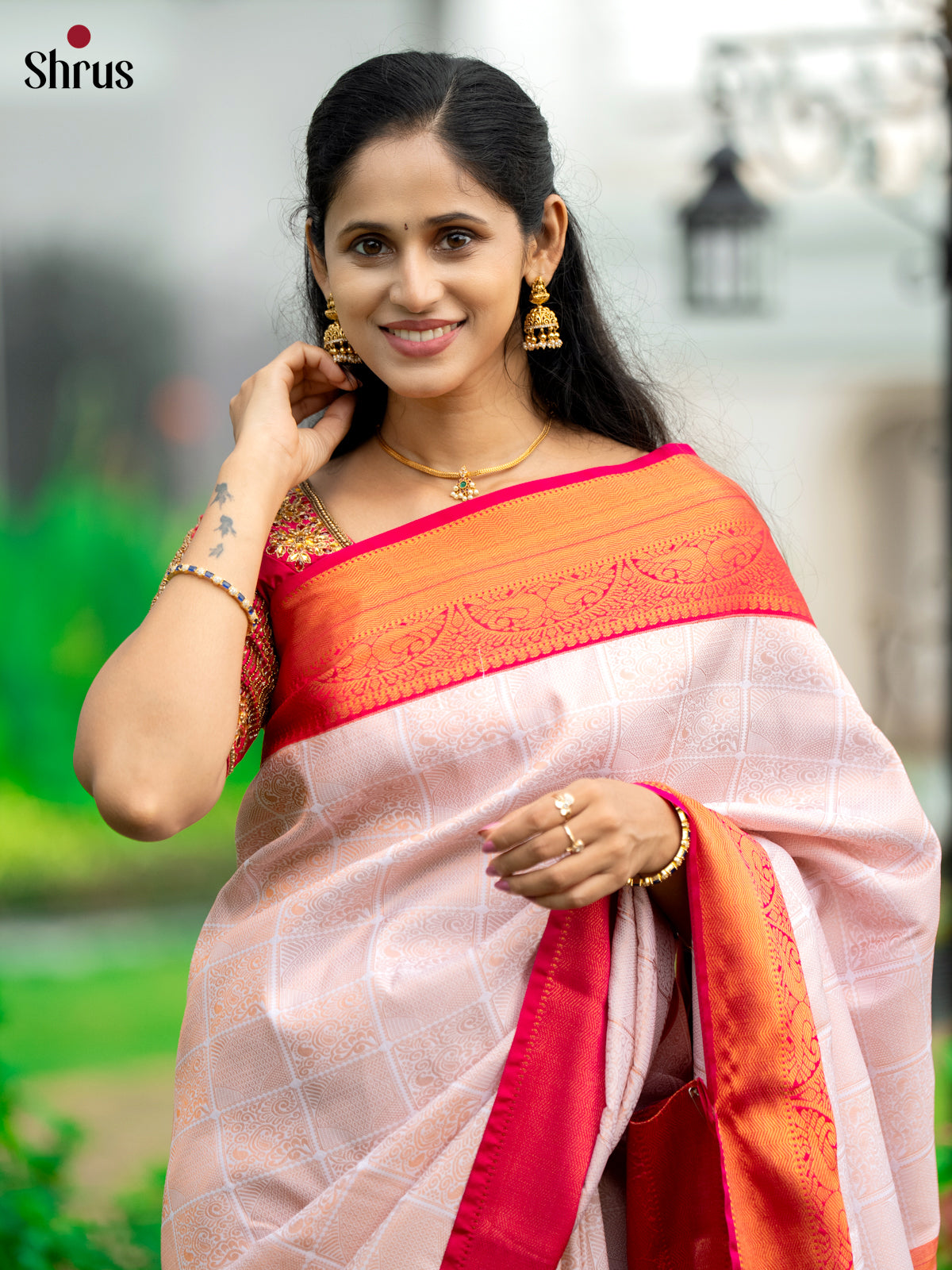 White & Pink - Semi Kanchipuram Saree