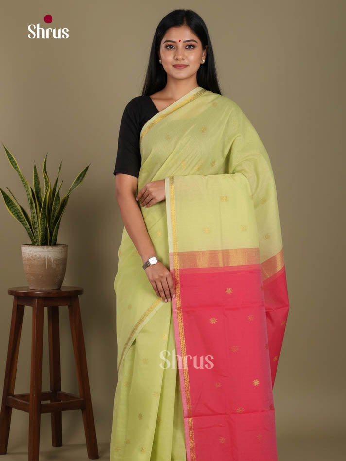 Light Green  & Orangish Pink  - Semi Maheshwari Saree