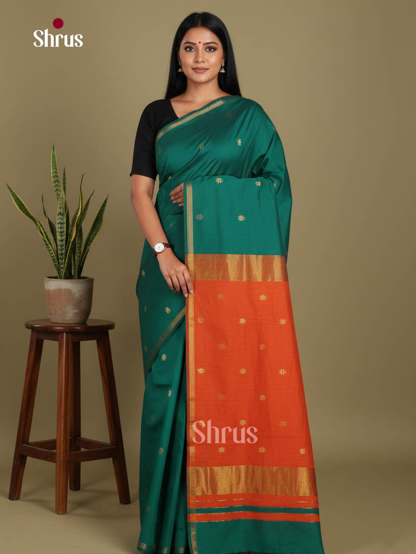 Green & Orange - Semi Maheshwari Saree