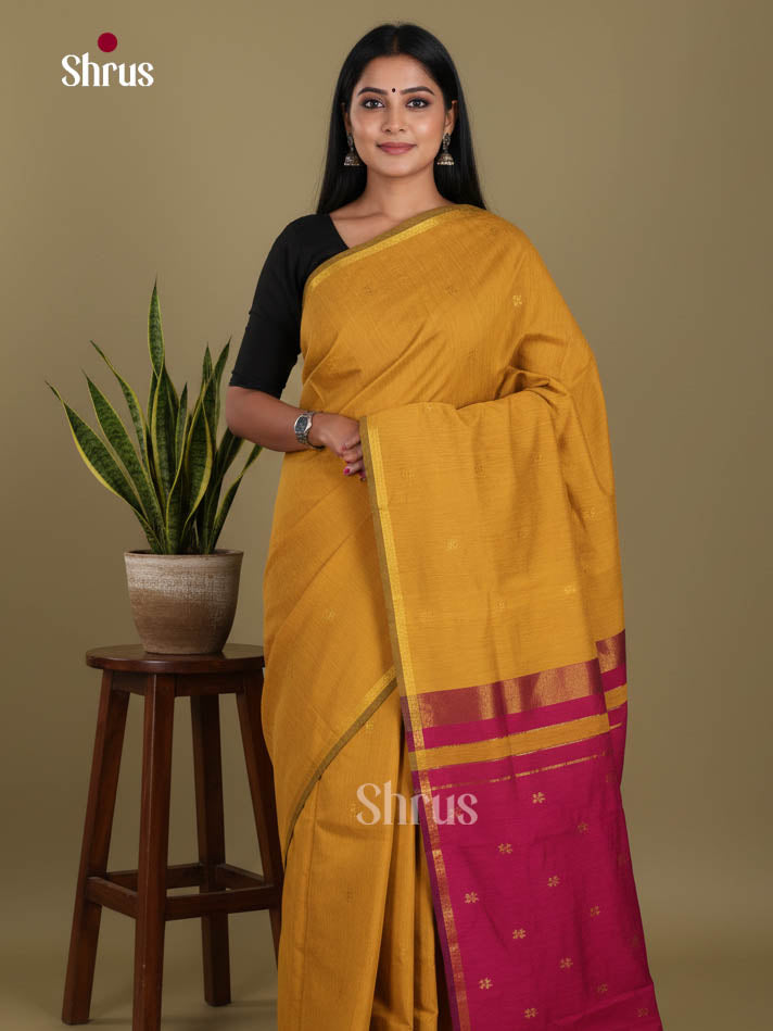 Mustardy Green & Maroon - Semi Maheshwari Saree