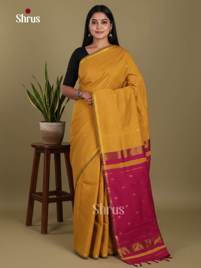 Mustardy Green & Maroon - Semi Maheshwari Saree