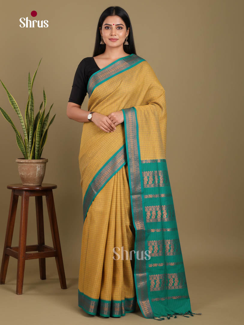 Beige & Green - Kalyani Cotton Saree
