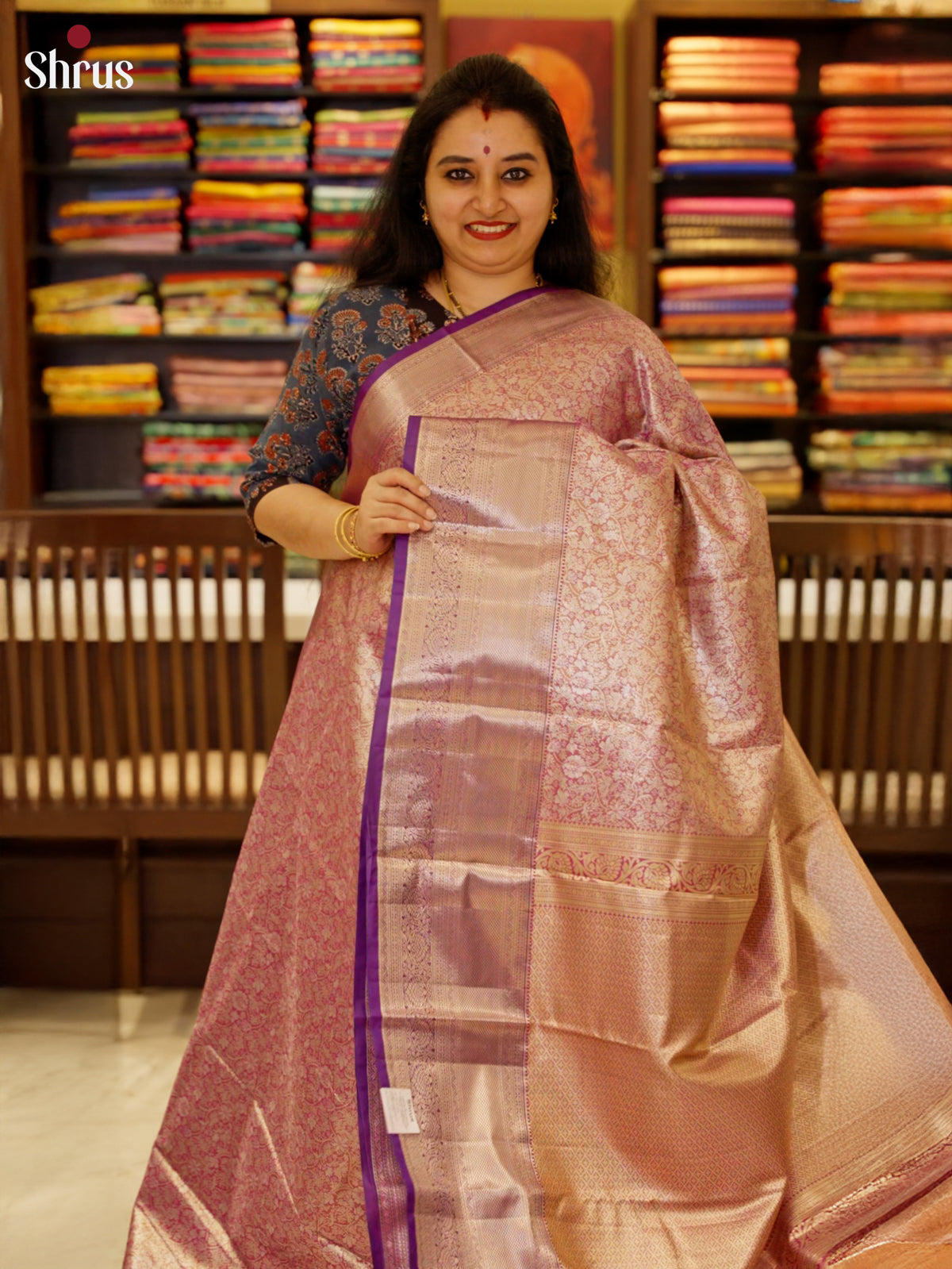 Peachish Pink & Violet - Kanchipuram-halfpure Saree