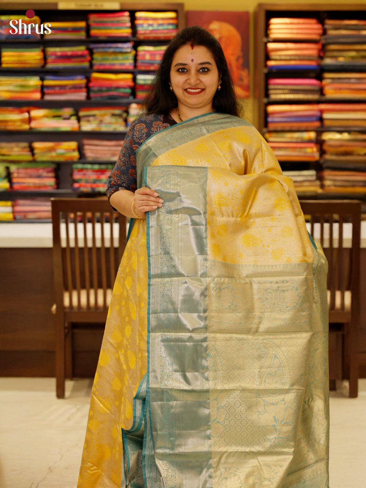 Yellow & Blue - Kanchipuram-halfpure Saree