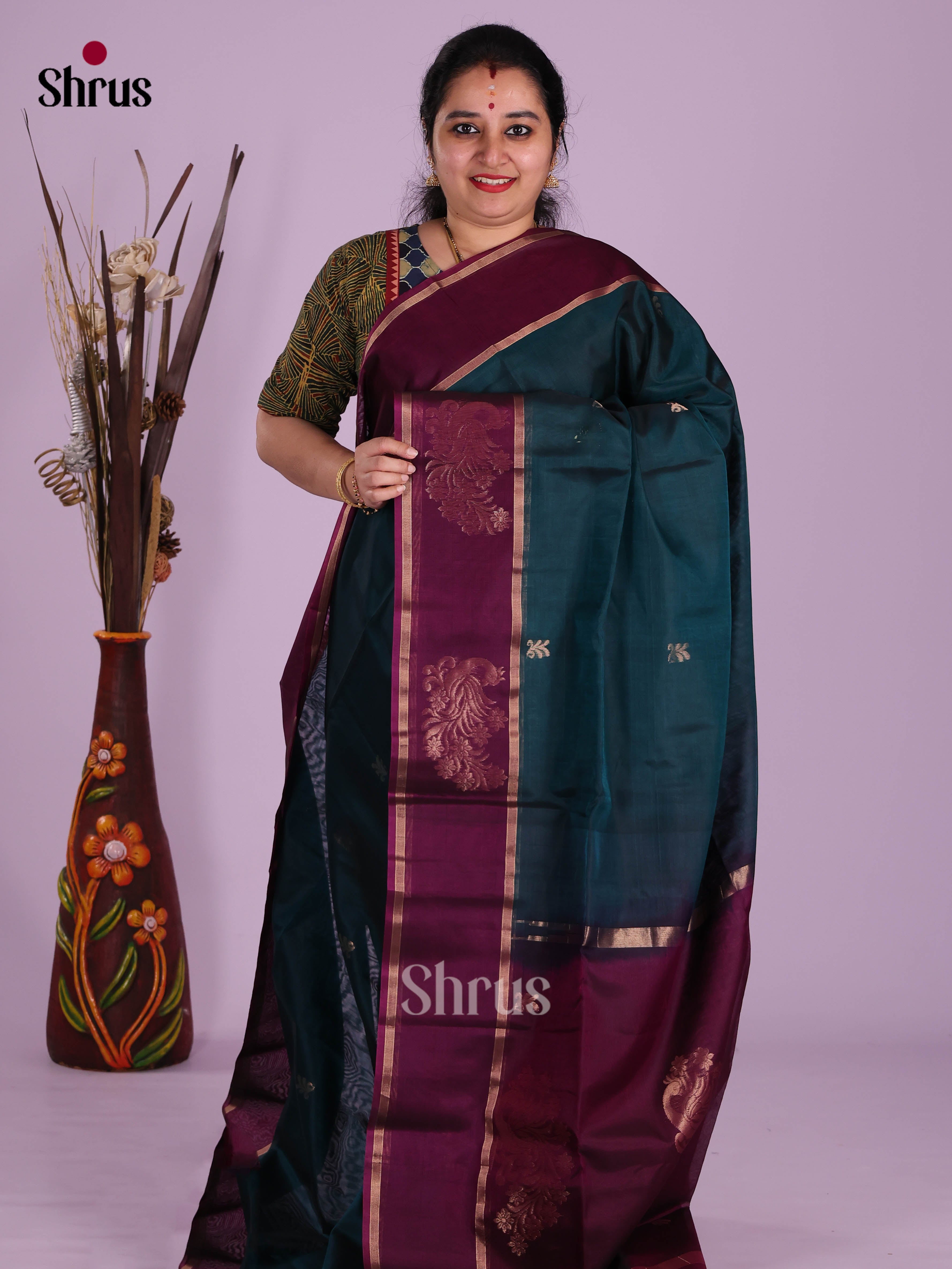 Peacock Blue & Maroon - Timeless Silk Cotton Saree
