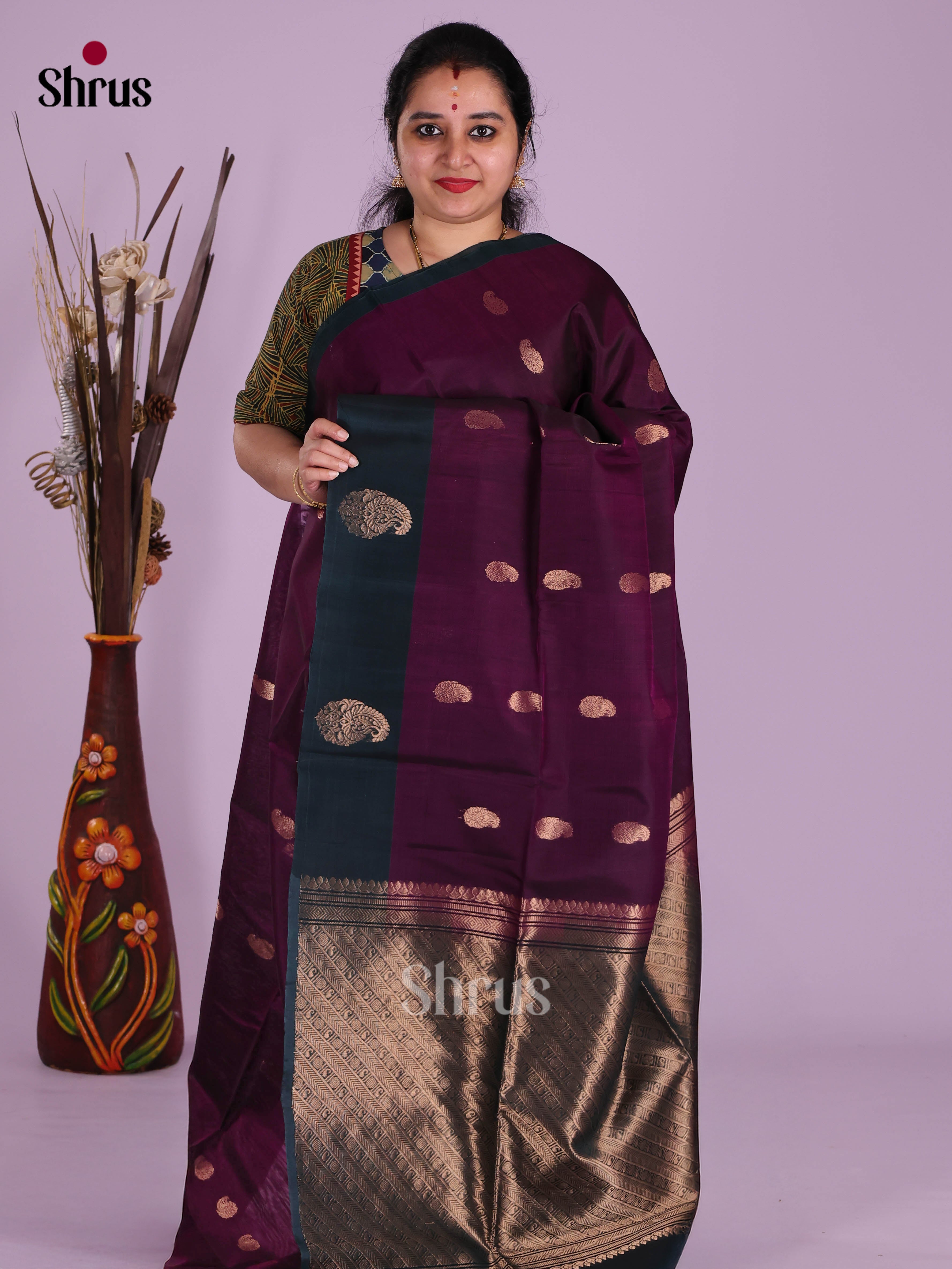 Wine & Green - Timeless Silk Cotton Saree - Shop on Shrus.com