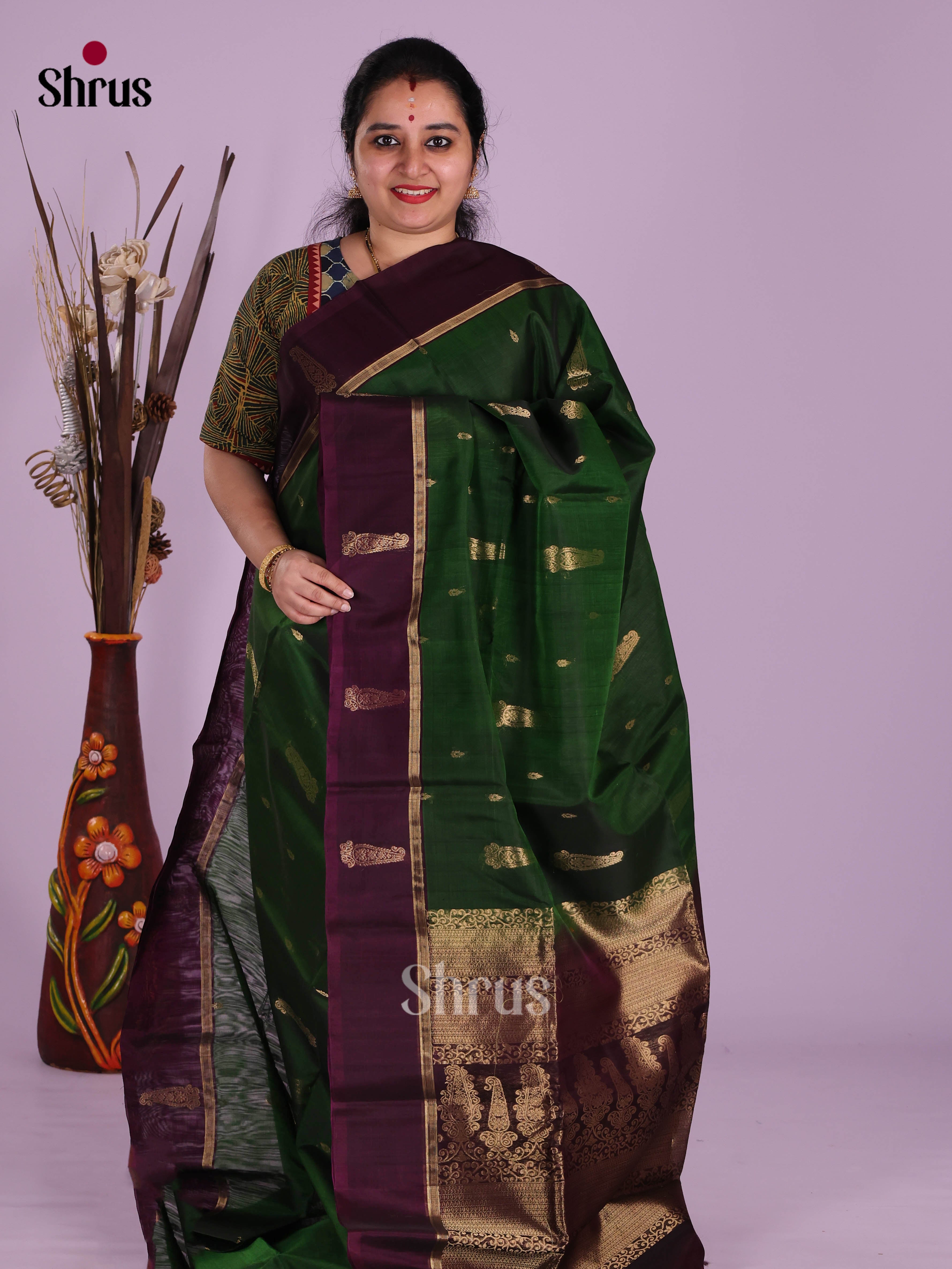 Green & Violet  - Timeless Silk Cotton Saree - Shop on Shrus.com