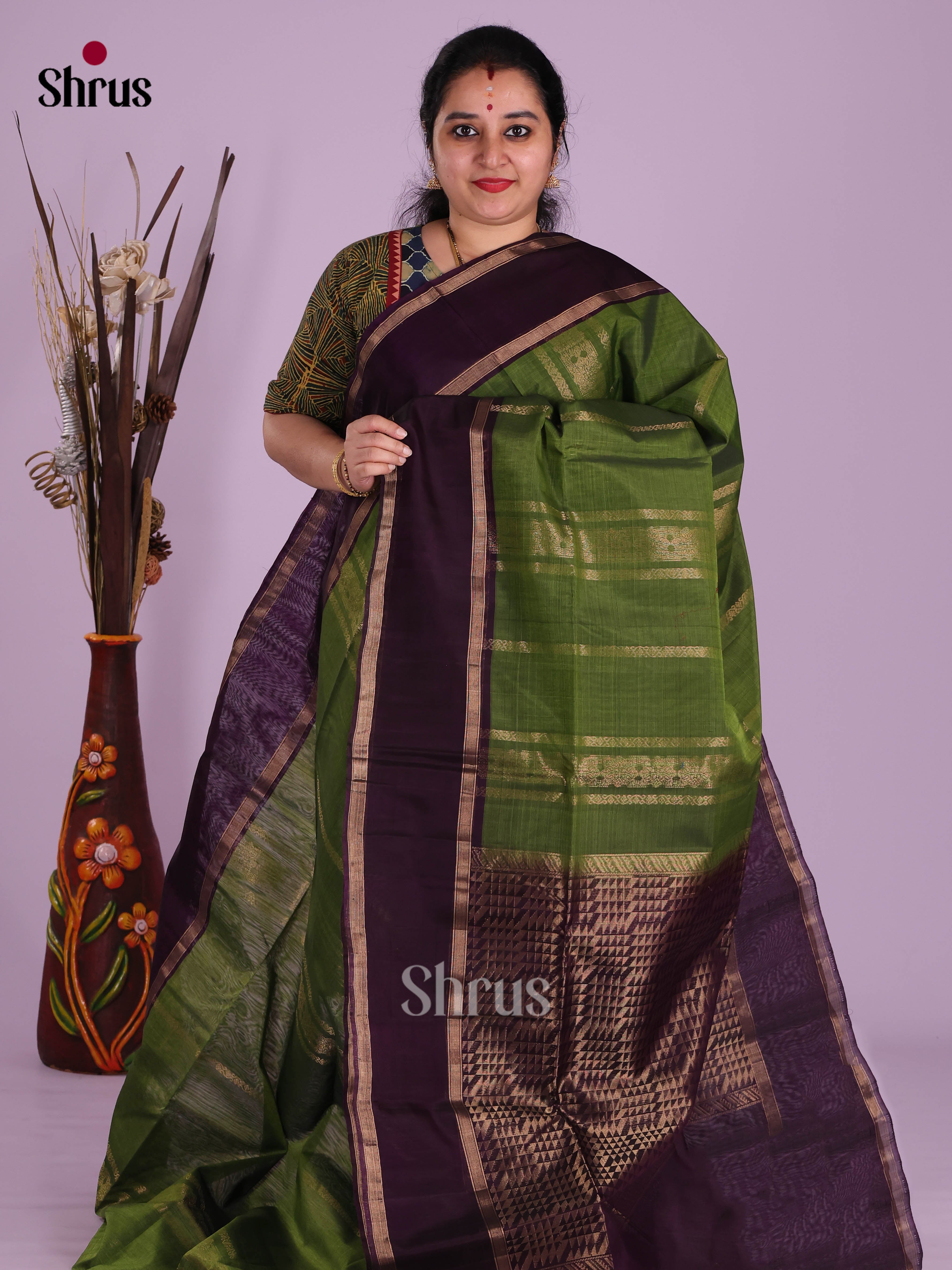 Leaf Green & Violet - Timeless Silk Cotton Saree - Shop on Shrus.com
