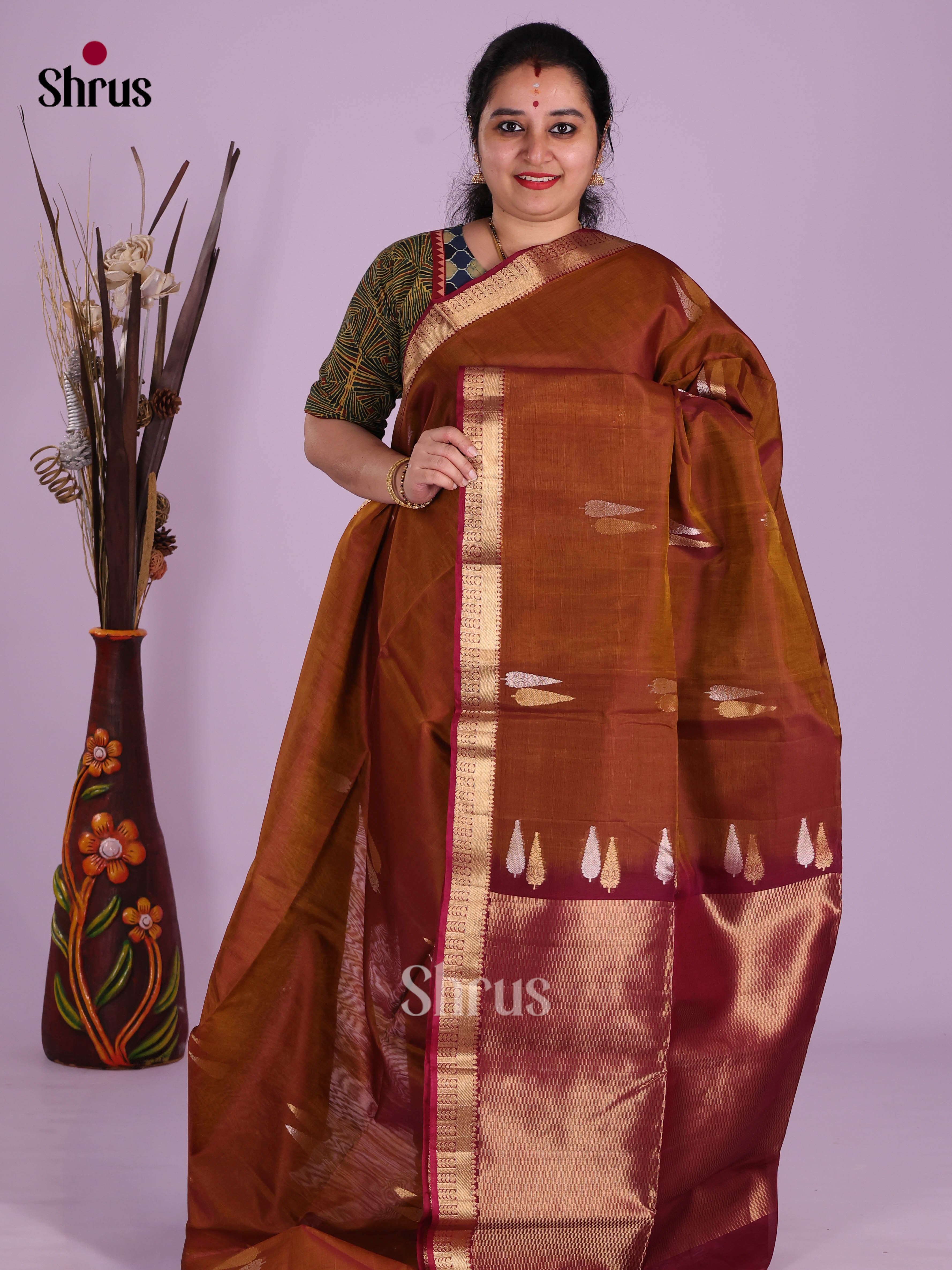 Dark Mustard & Maroon- Timeless Silk Cotton Saree - Shop on Shrus.com