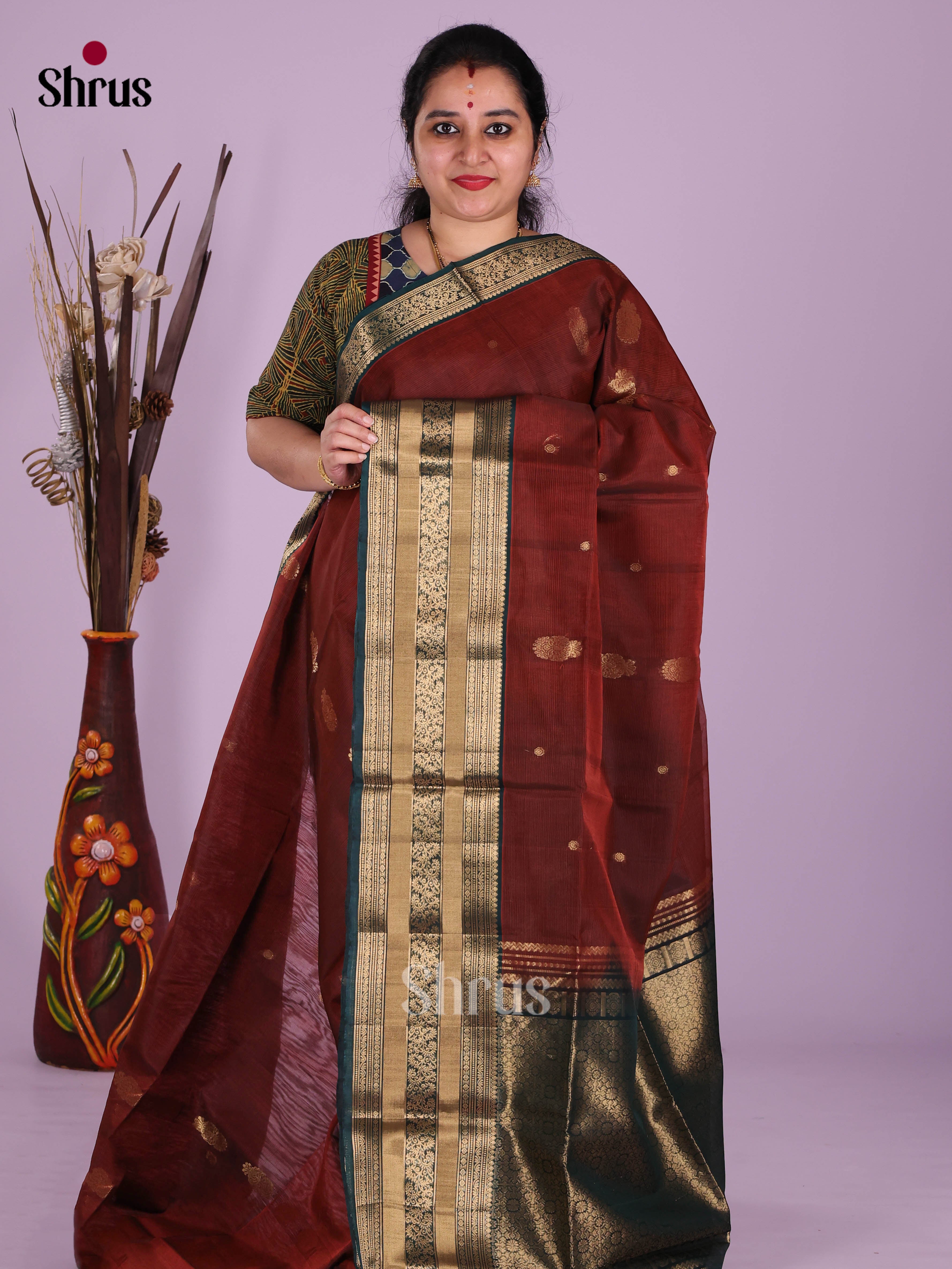 Maroon & Peacock Blue- Timeless Silk Cotton Saree - Shop on Shrus.com