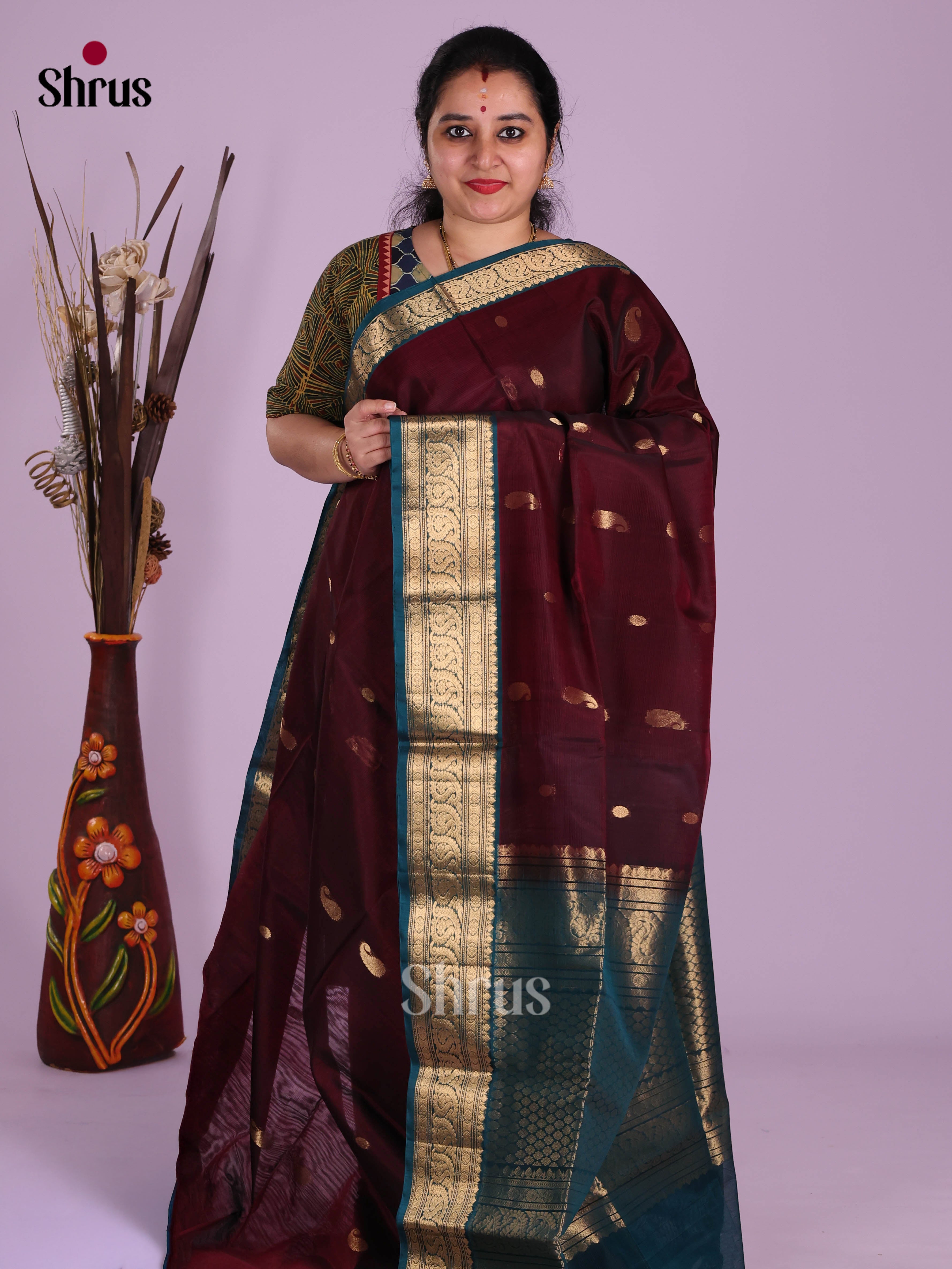 Maroon & Blue - Timeless Silk Cotton Saree - Shop on Shrus.com