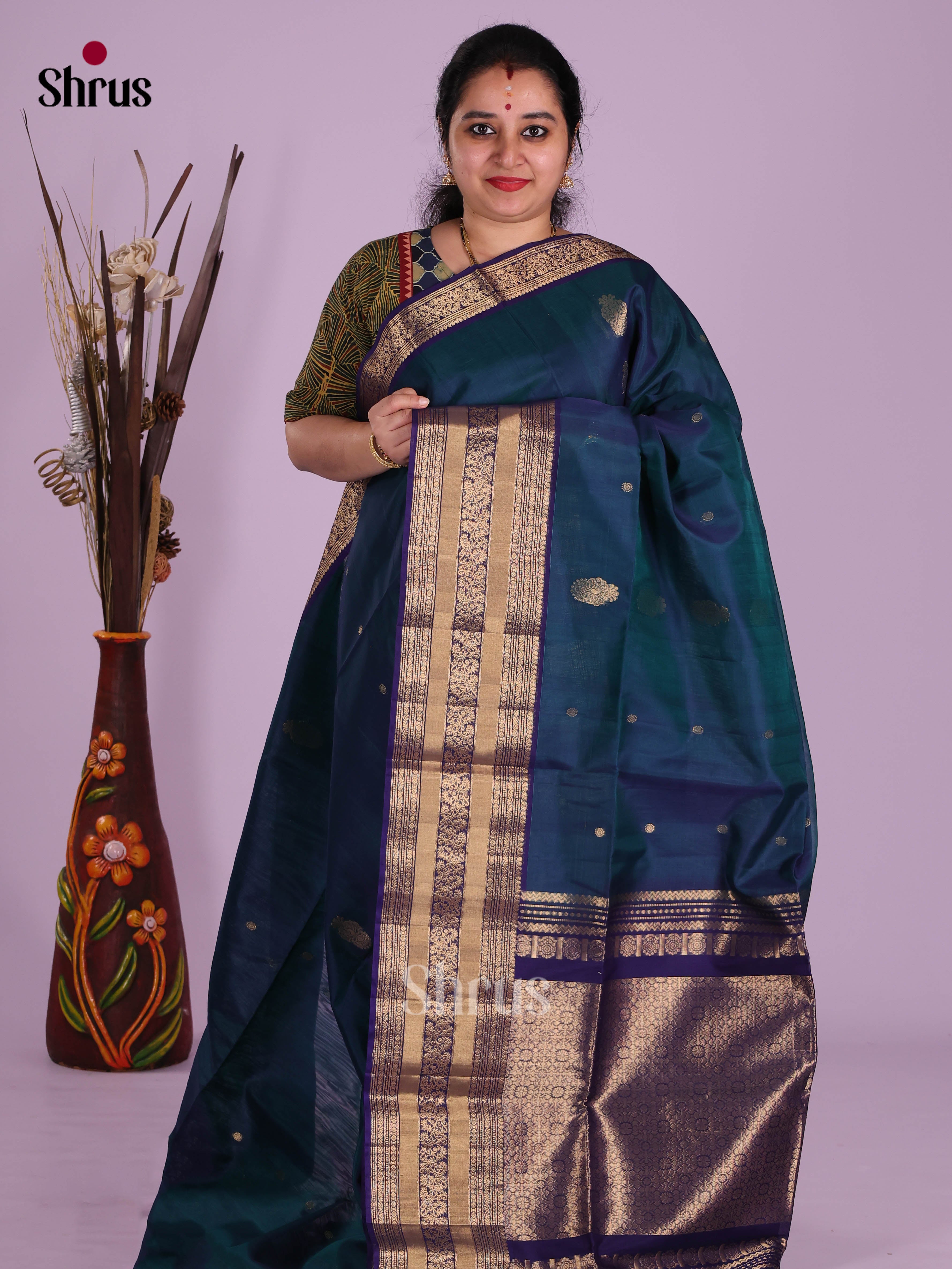 Peacock Blue  - Timeless Silk Cotton Saree - Shop on Shrus.com