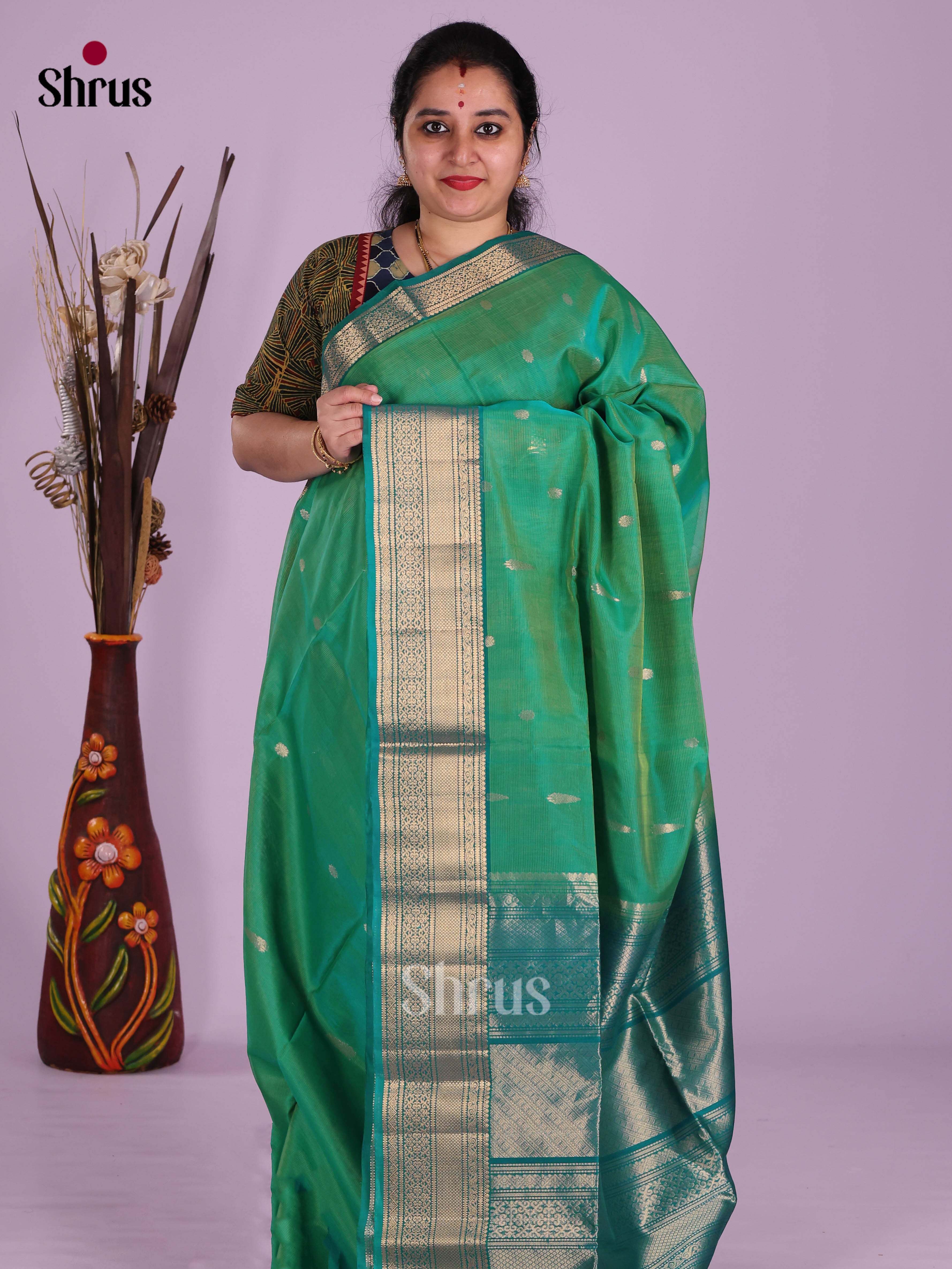 Green & Blue - Timeless Silk Cotton Saree - Shop on Shrus.com